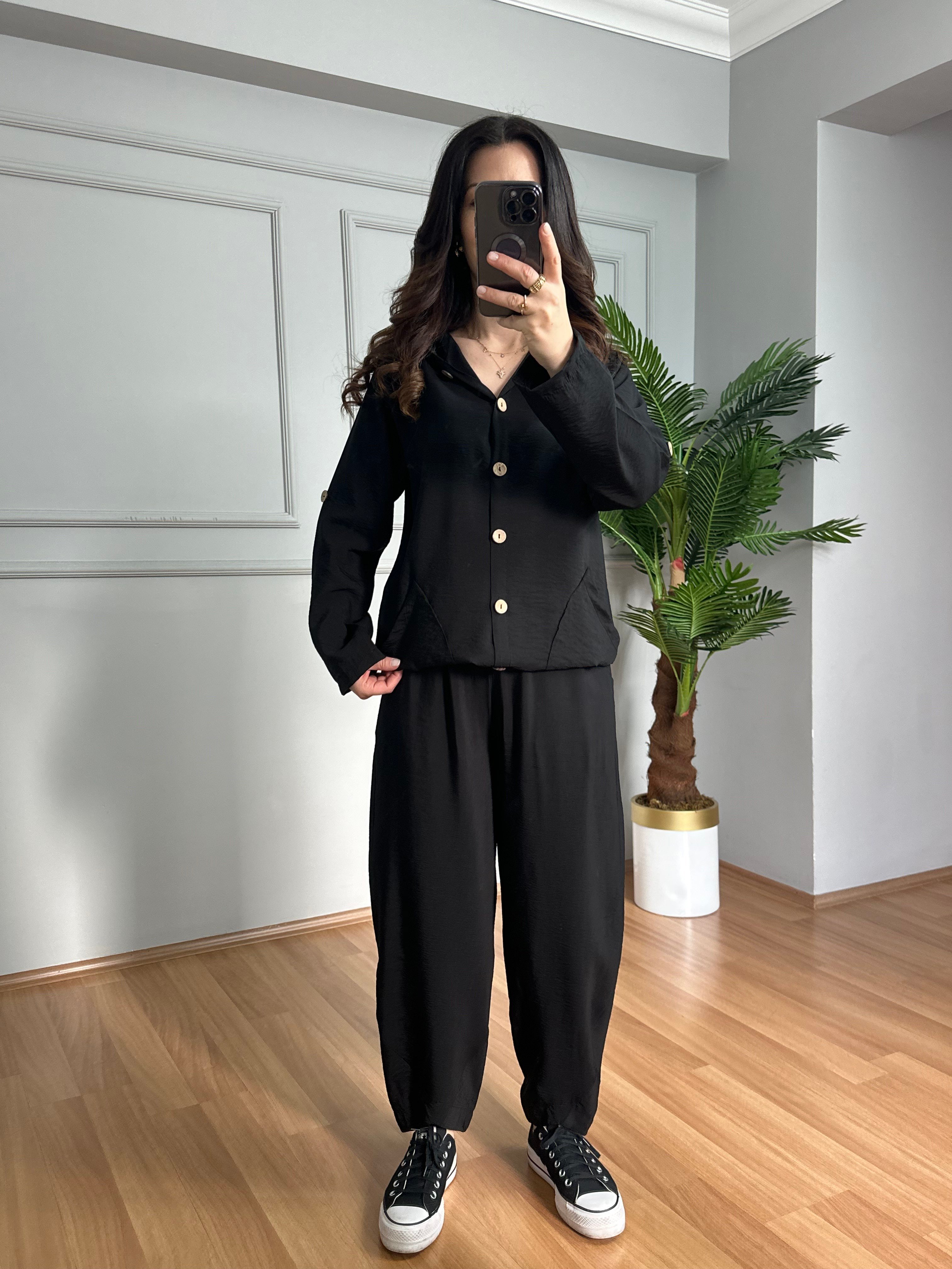 Aura Siyah Bambu Kumaş Kapüşonlu Takım 