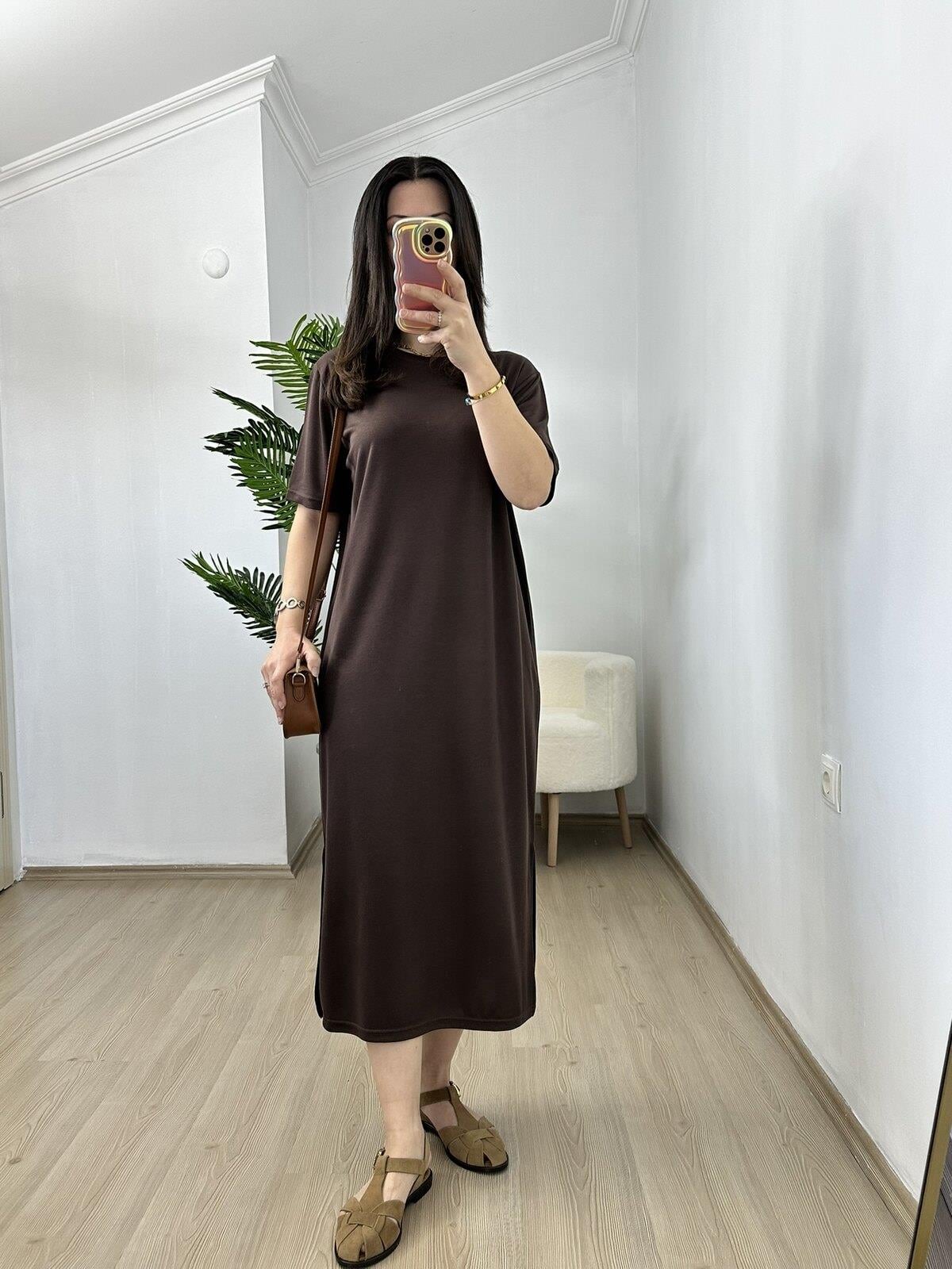 Ayza Acı Kahve Modal Kumaş Yandan Yırtmaçlı Basic Elbise