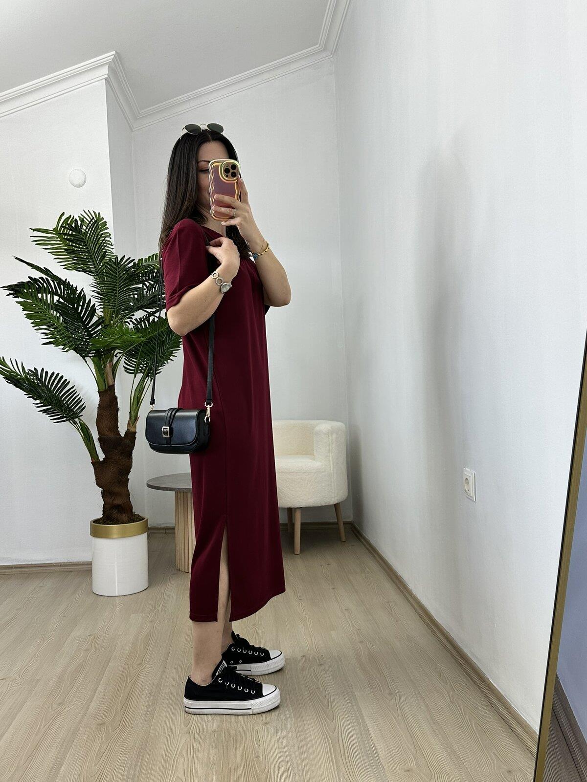 Ayza Bordo Modal Kumaş Yandan Yırtmaçlı Basic Elbise