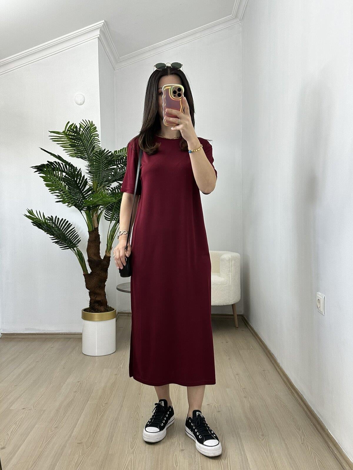 Ayza Bordo Modal Kumaş Yandan Yırtmaçlı Basic Elbise