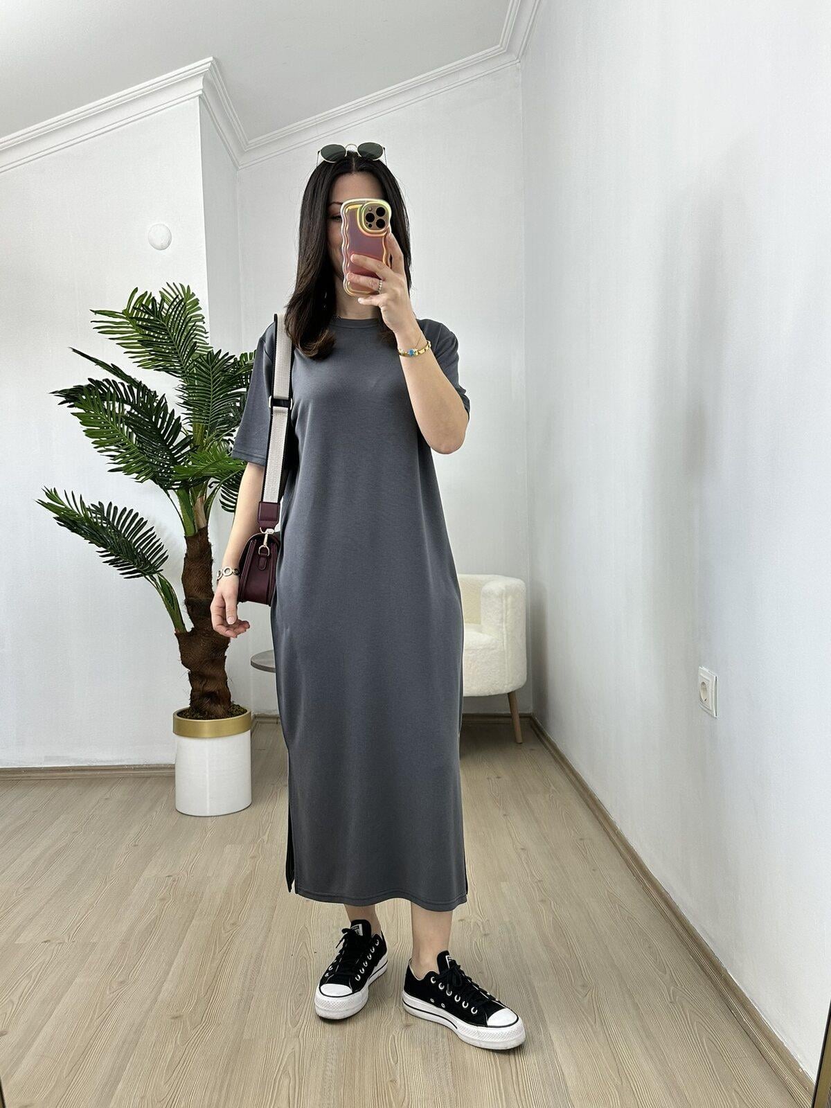 Ayza Füme Modal Kumaş Yandan Yırtmaçlı Basic Elbise