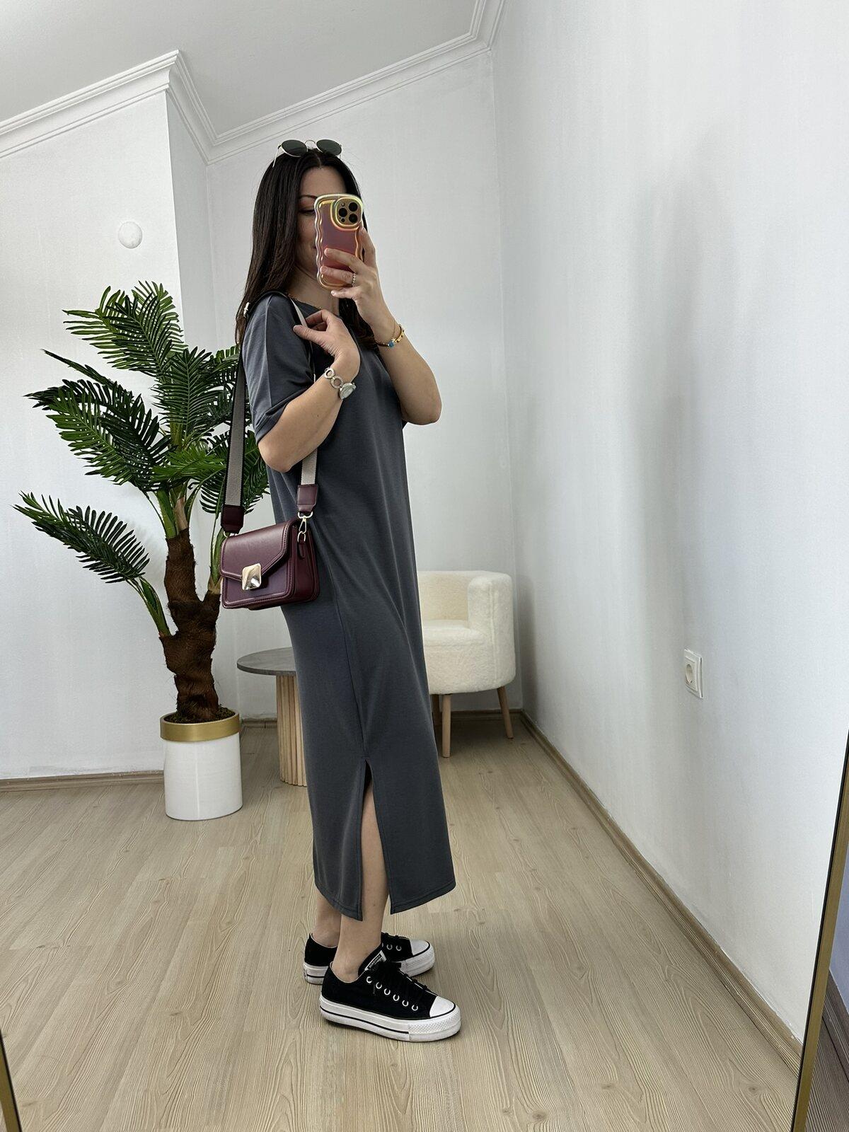 Ayza Füme Modal Kumaş Yandan Yırtmaçlı Basic Elbise