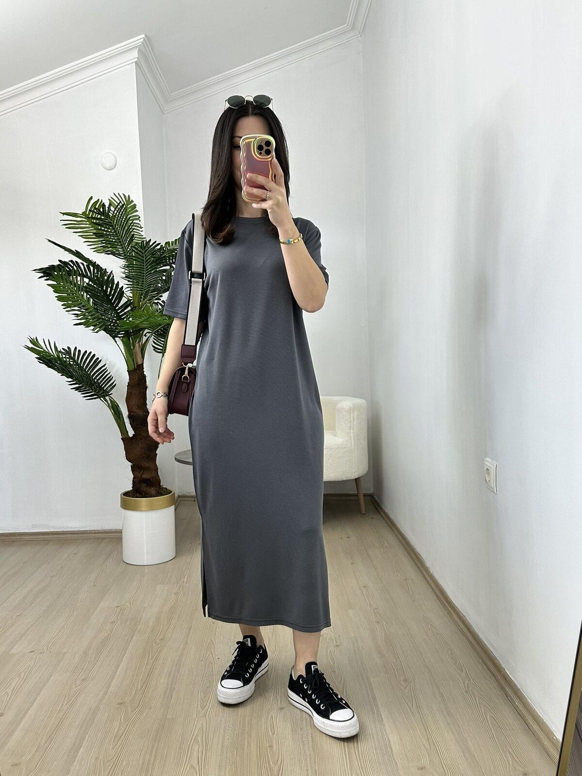 Ayza Füme Modal Kumaş Yandan Yırtmaçlı Basic Elbise
