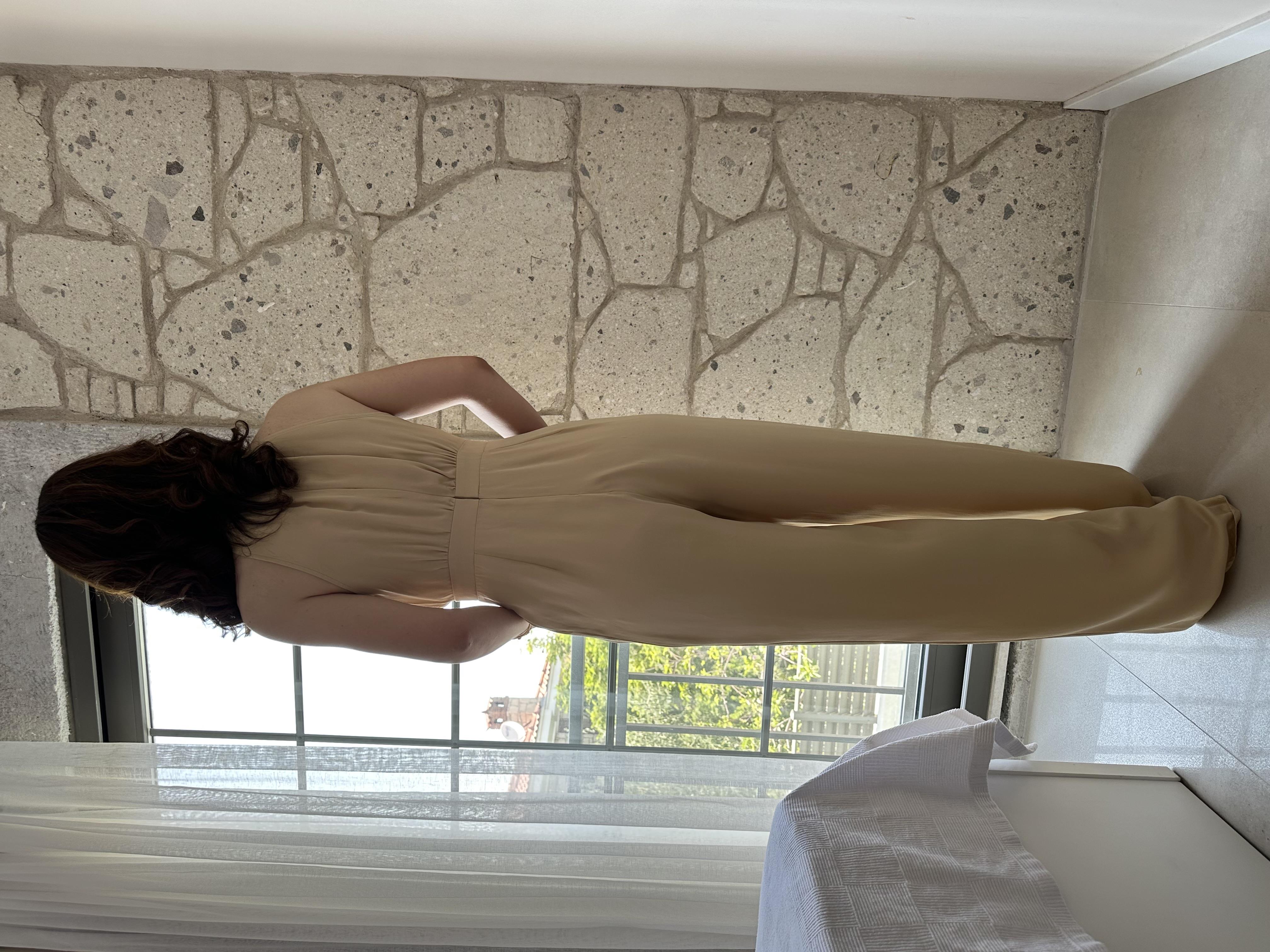 Bej Halter Yaka Önden Drapeli Tulum