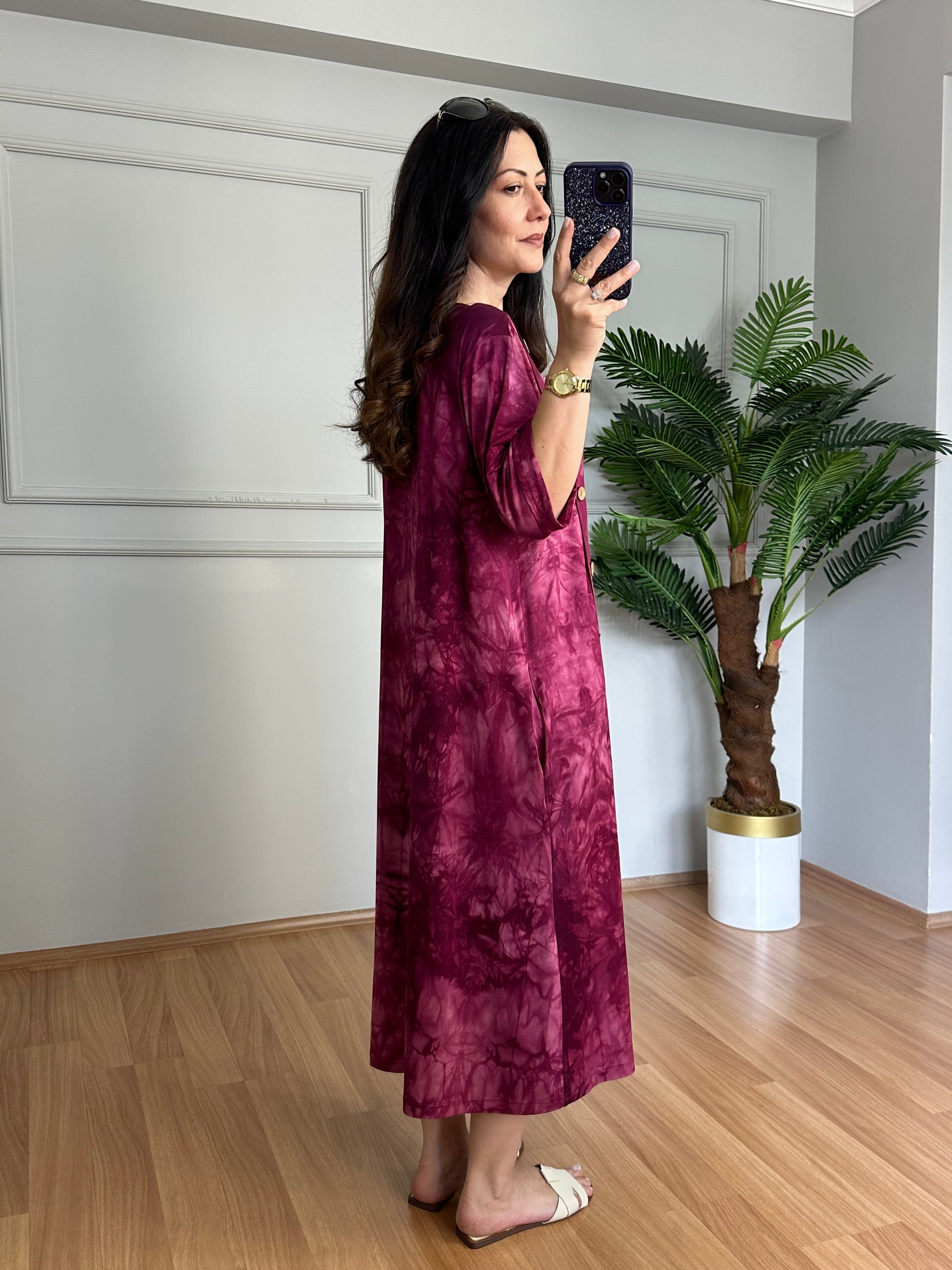 Best Fuşya Likralı Viskon Batik Desen Elbise