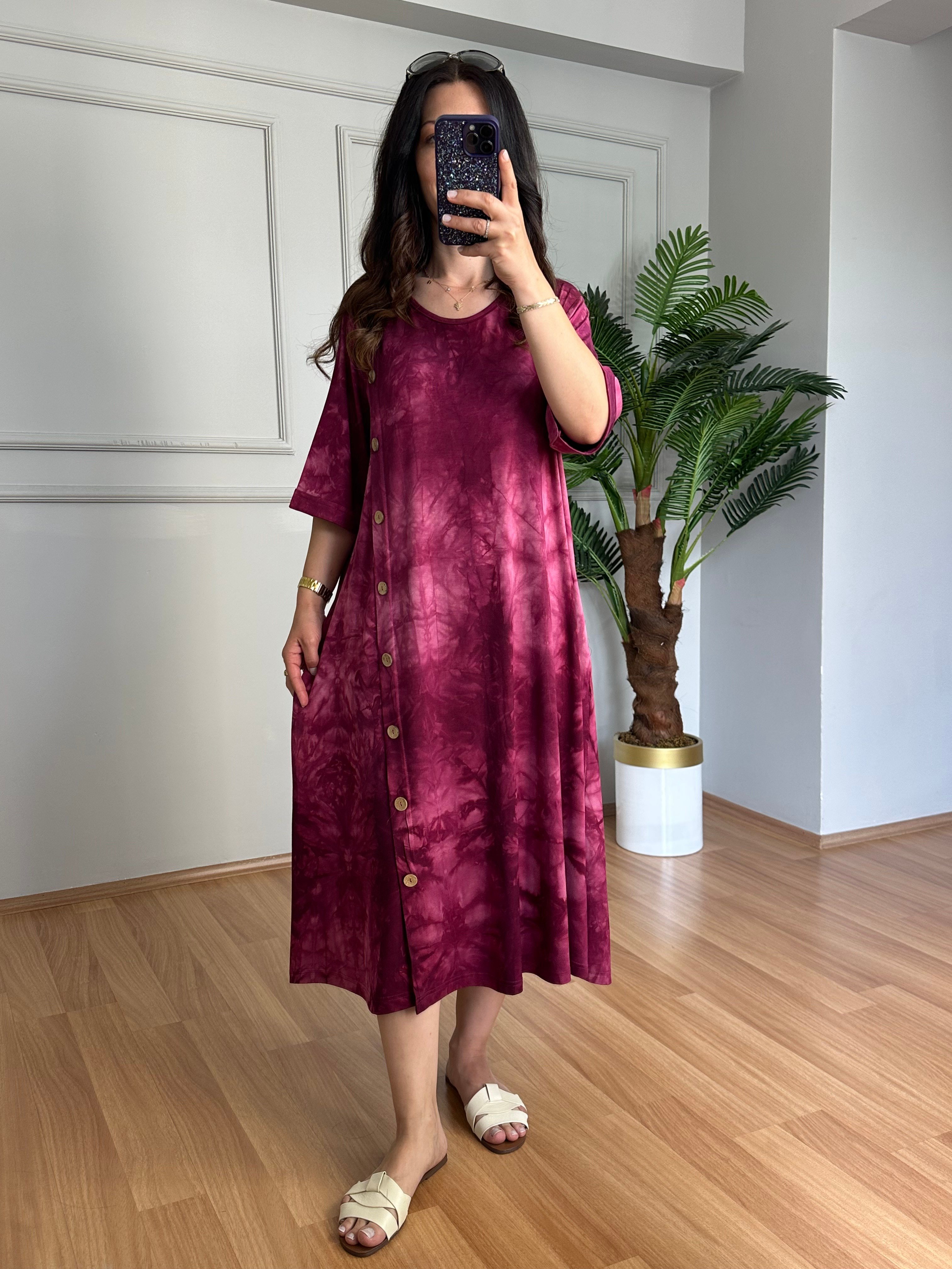 Best Fuşya Likralı Viskon Batik Desen Elbise
