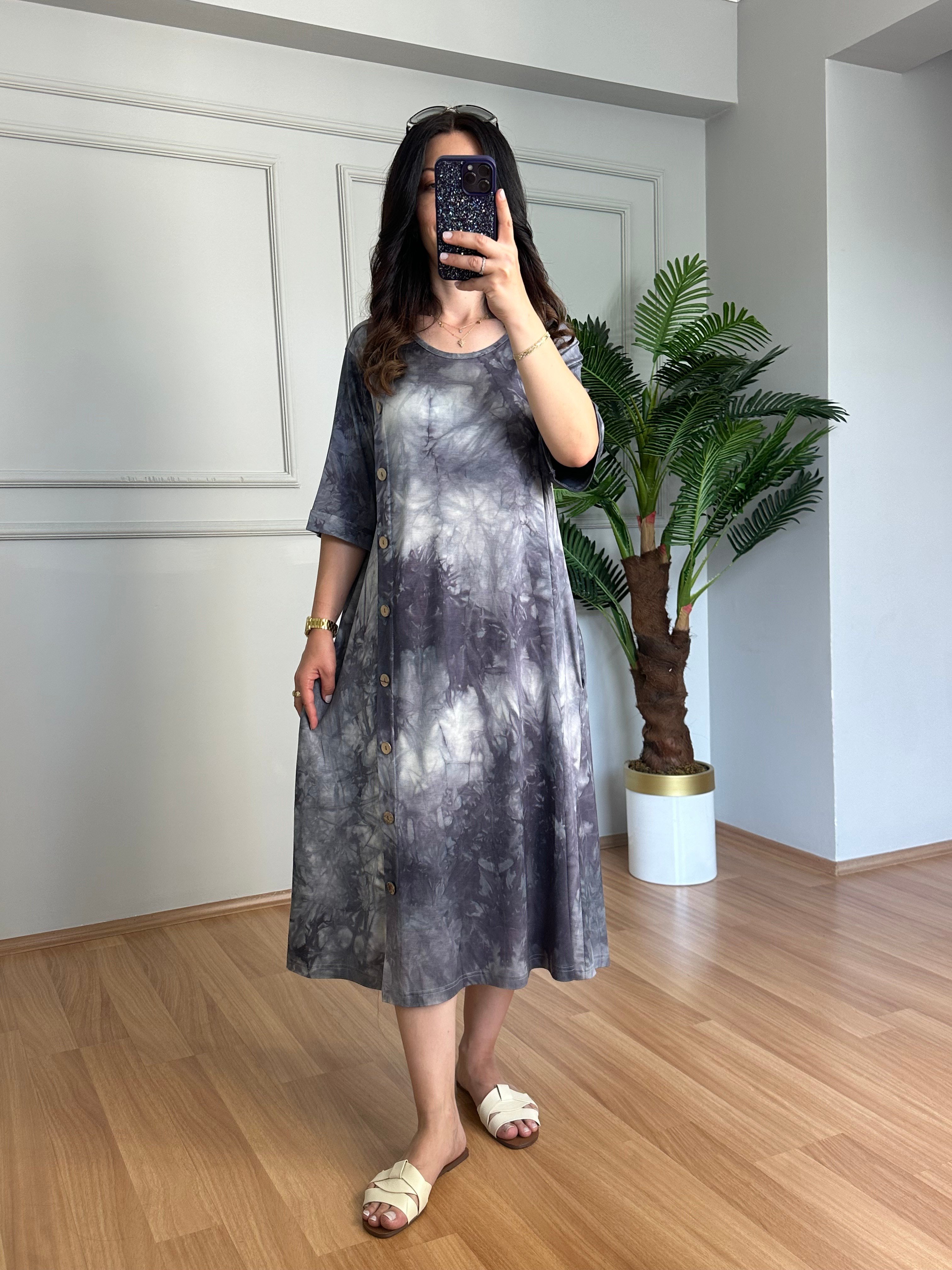 Best Gri Likralı Viskon Batik Desen Elbise 