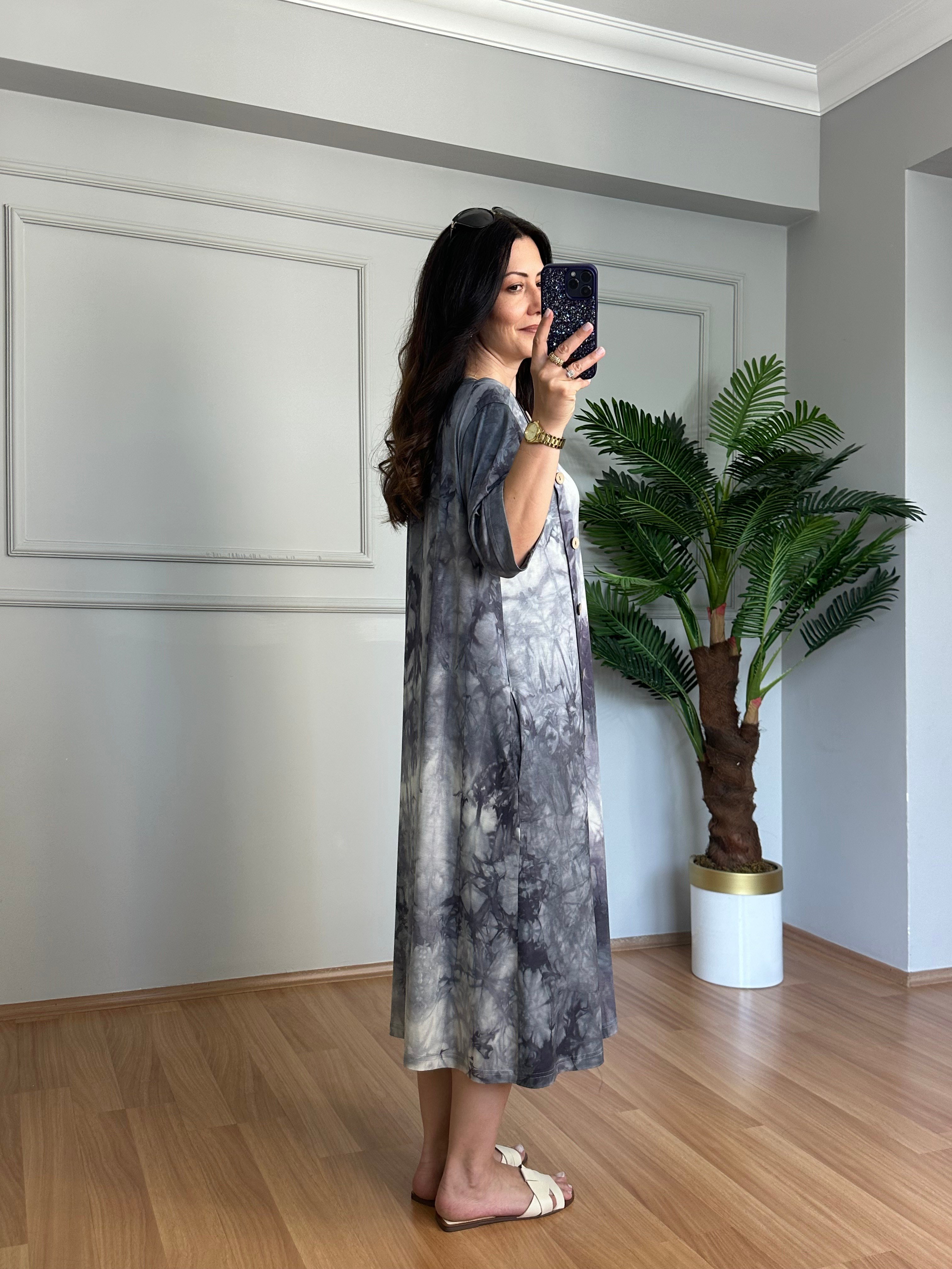 Best Gri Likralı Viskon Batik Desen Elbise 