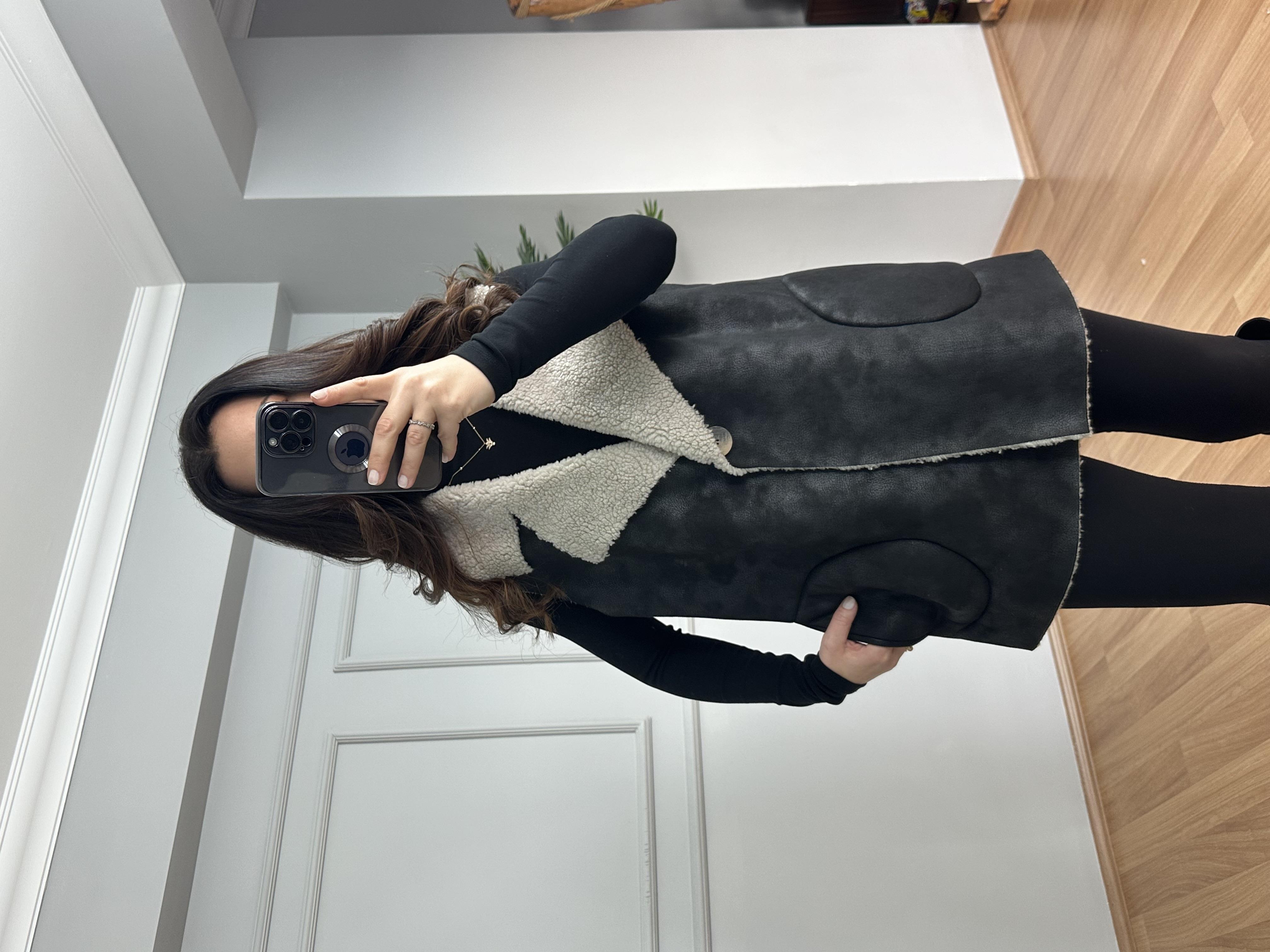 Diva Siyah İthal Nubuk Kürk Detaylı Yelek