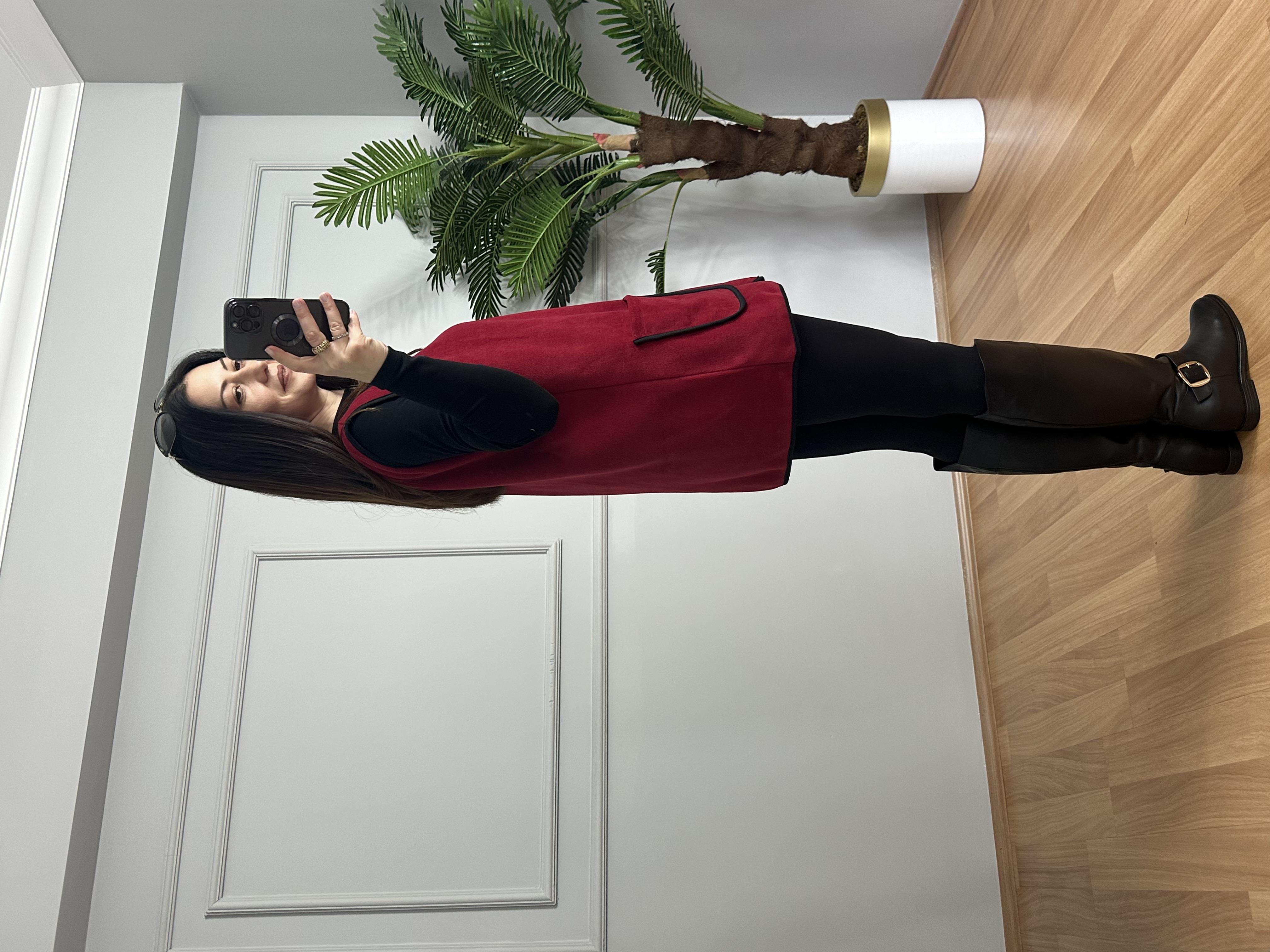 Elen Kırmızı Biyeli Polar Yelek