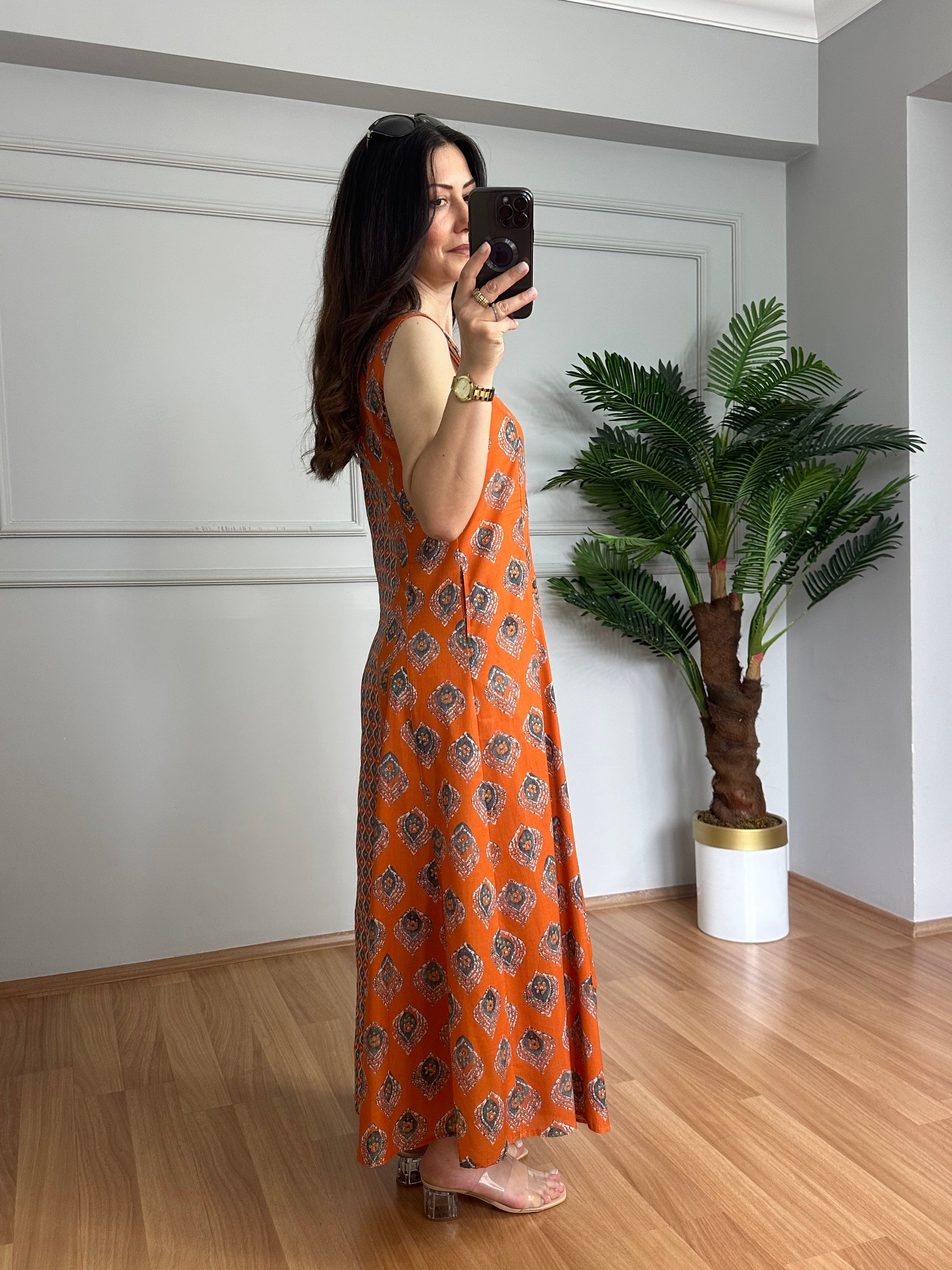 Ezgi Kiremit Etnik Desen Askılı Elbise