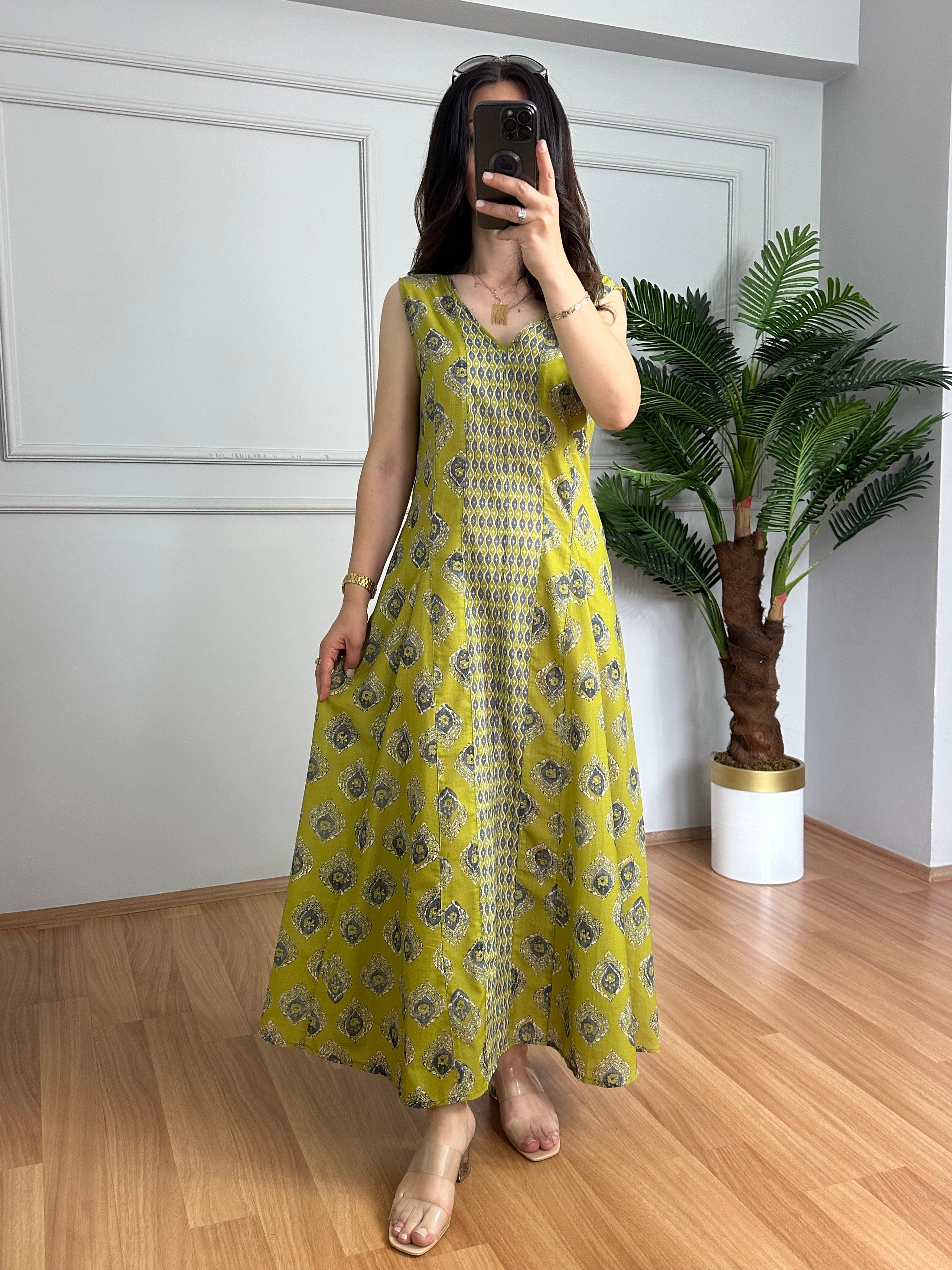 Ezgi Yağ Yeşili Etnik Desen Askılı Elbise