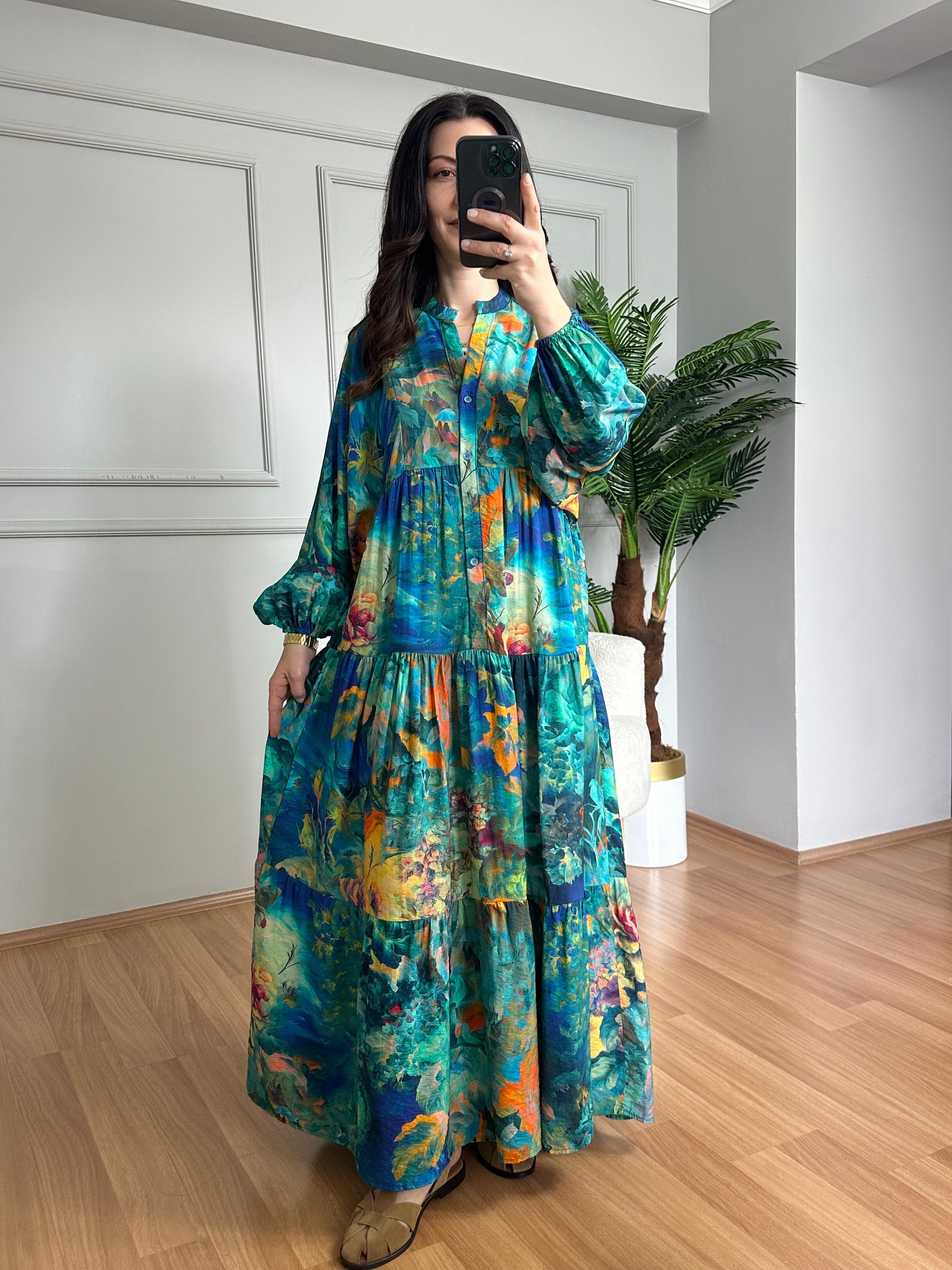 Flora Botanik Desen Viskon Maxi Boy Elbise