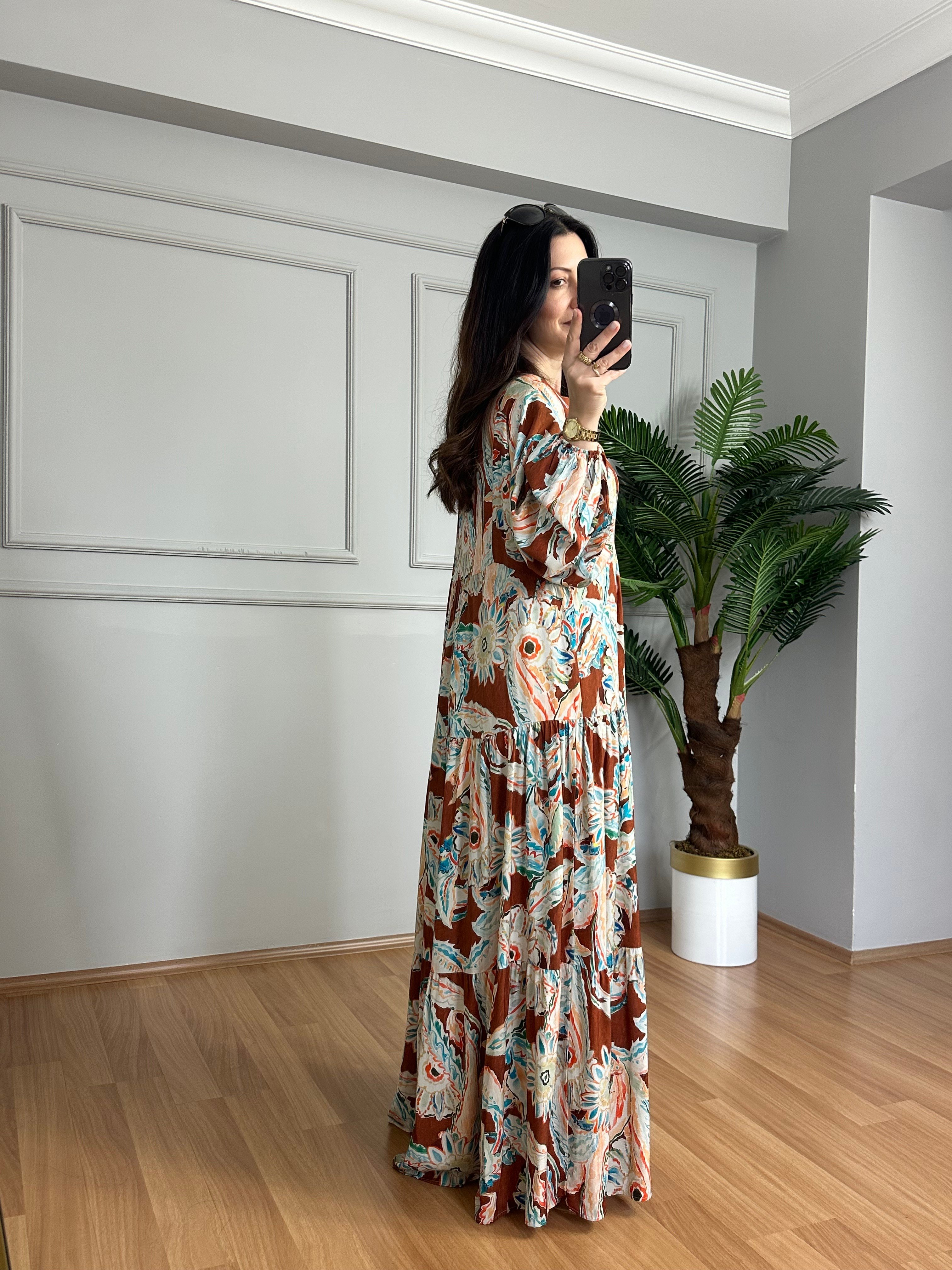 Flora Kahve Turkuaz Viskon Maxi Boy Elbise
