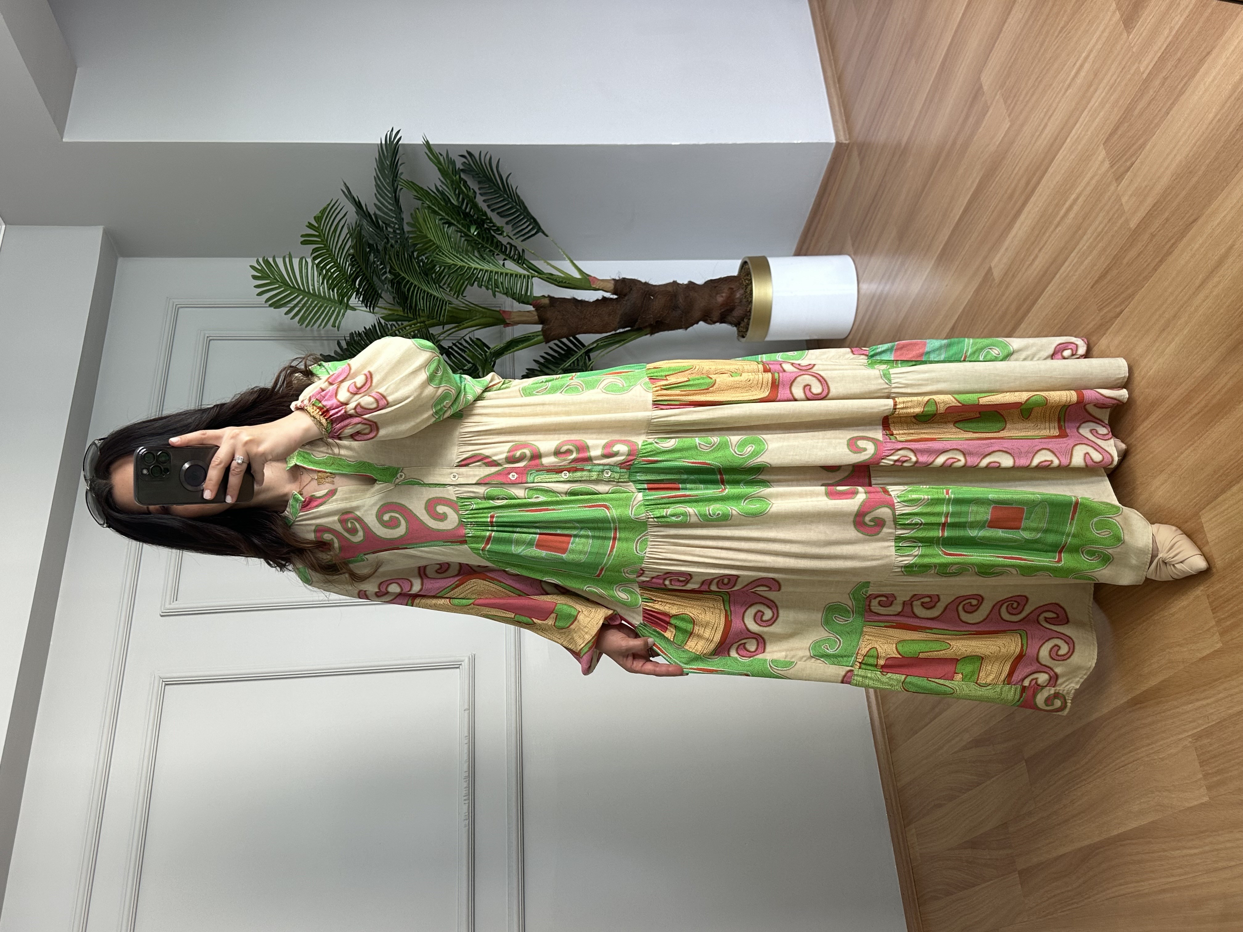 Flora Krem Yeşil Viskon Maxi Boy Elbise