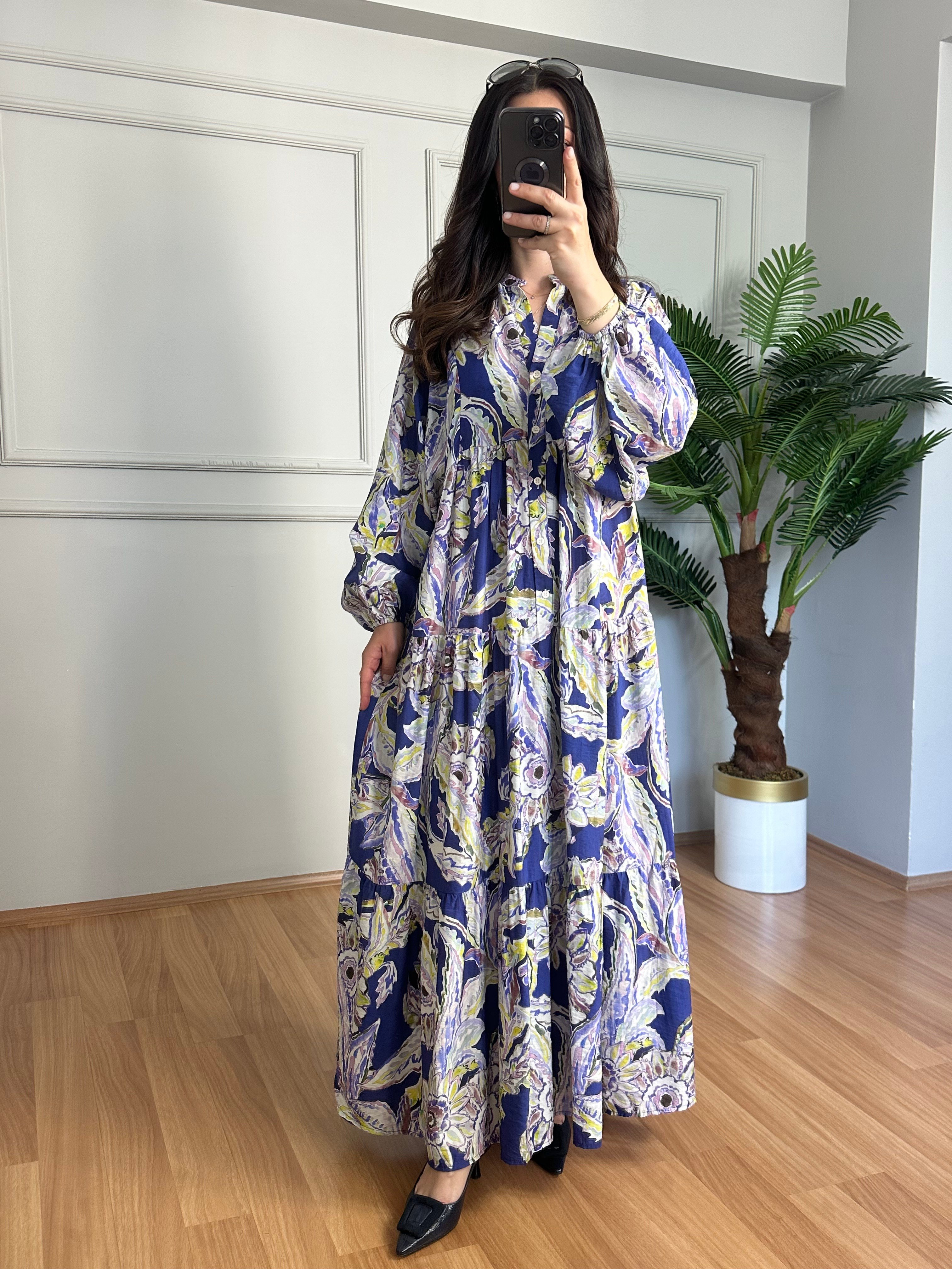Flora Lacivert Etnik Desen Viskon Maxi Boy Elbise