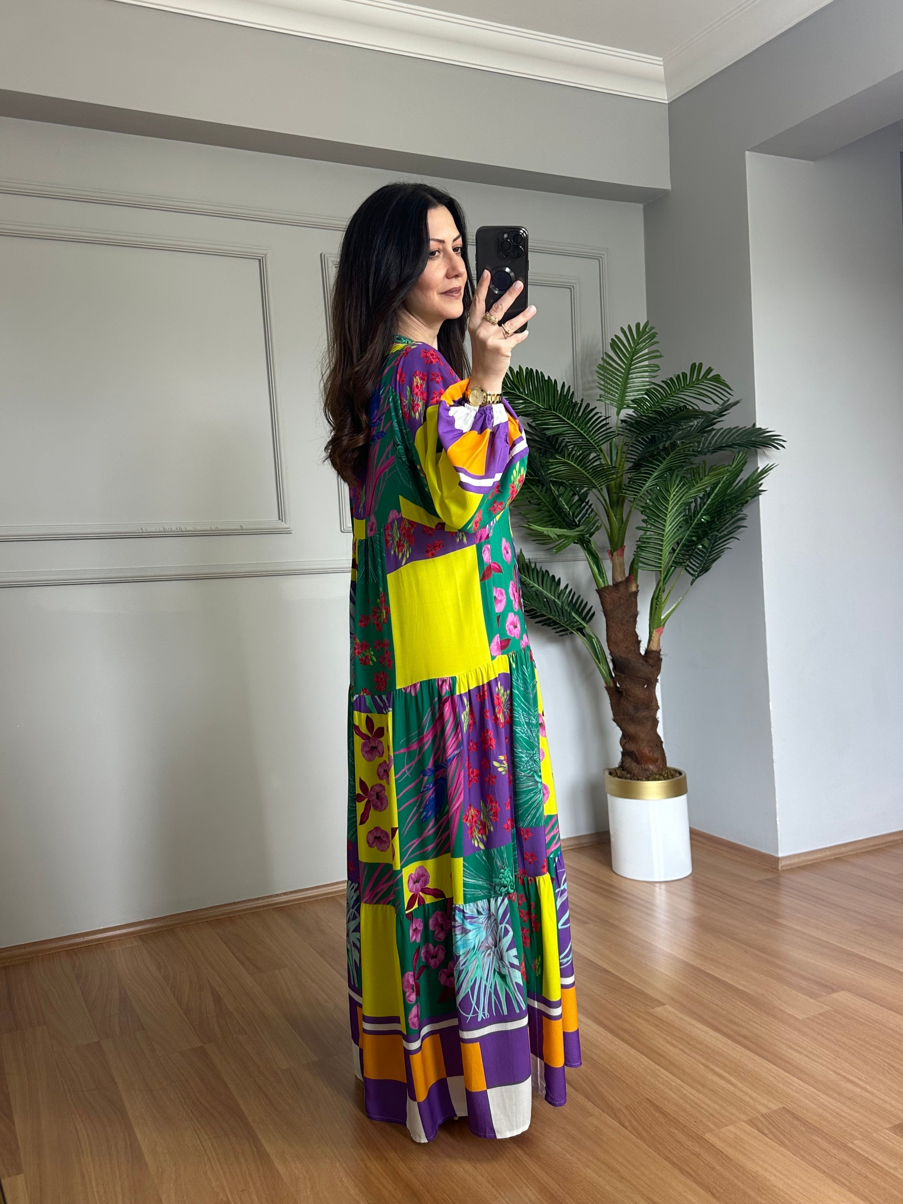 Flora Mor Sarı Viskon Maxi Boy Elbise