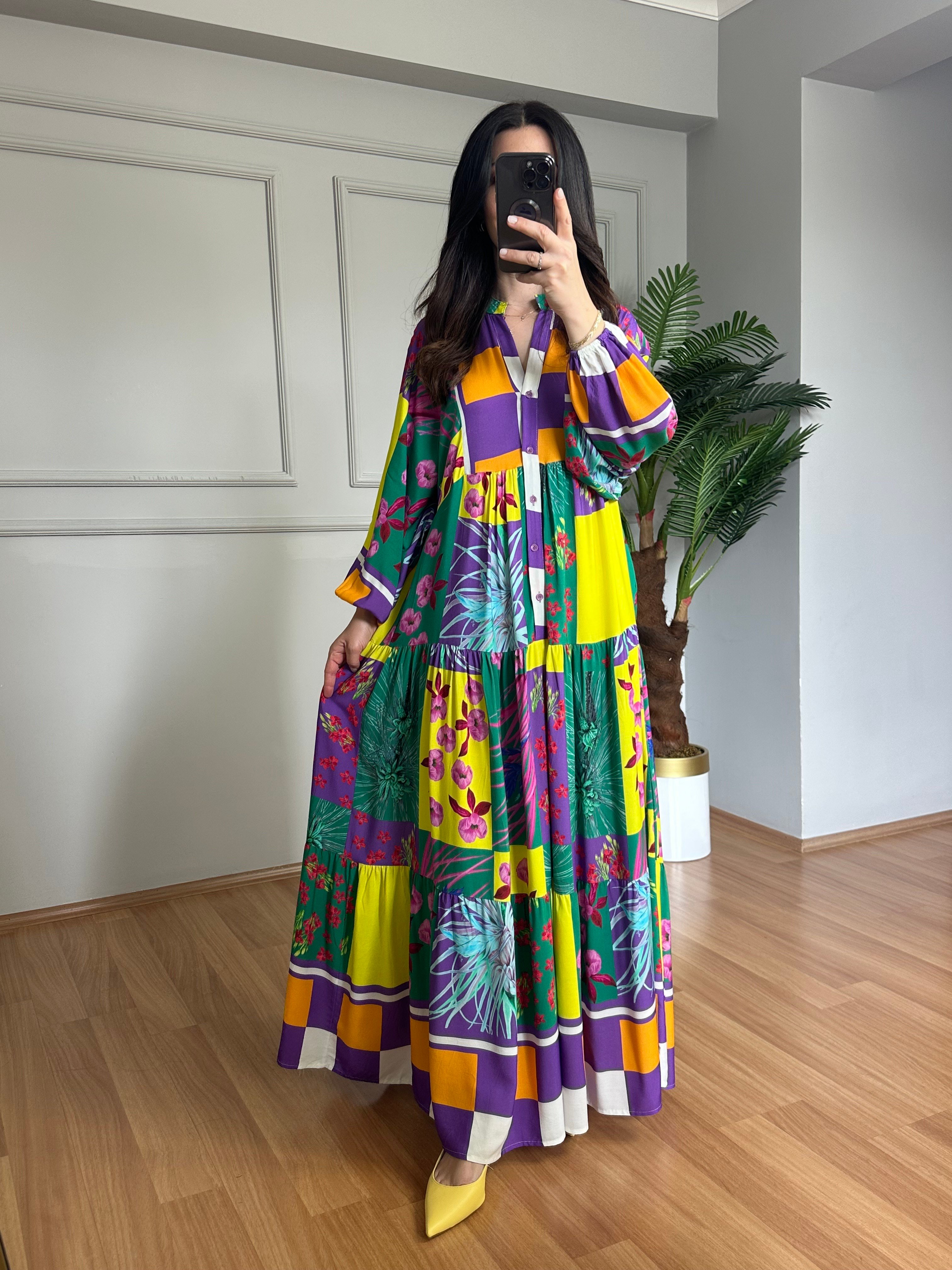 Flora Mor Sarı Viskon Maxi Boy Elbise
