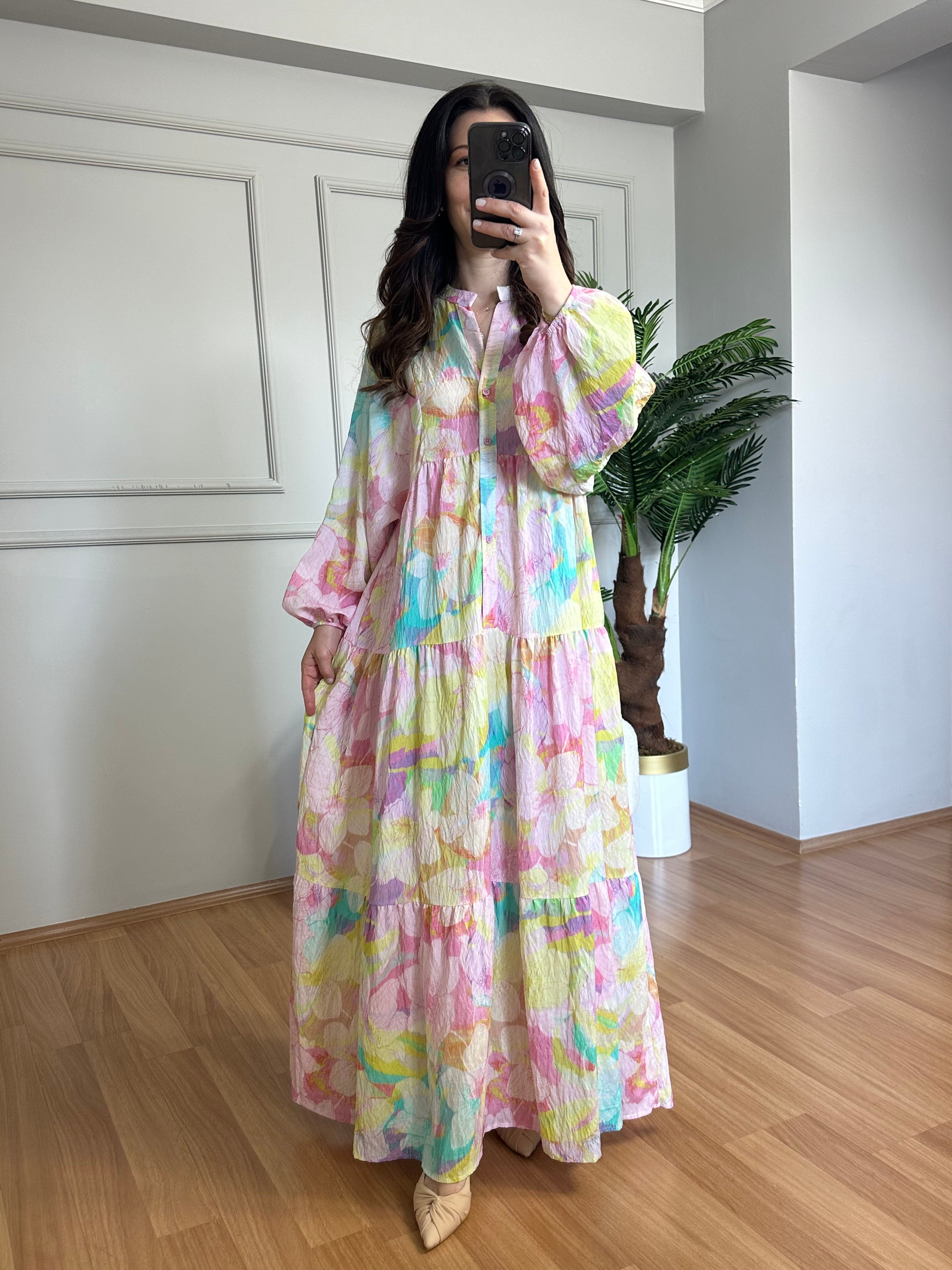 Flora Natural Renkli Viskon Maxi Boy Elbise