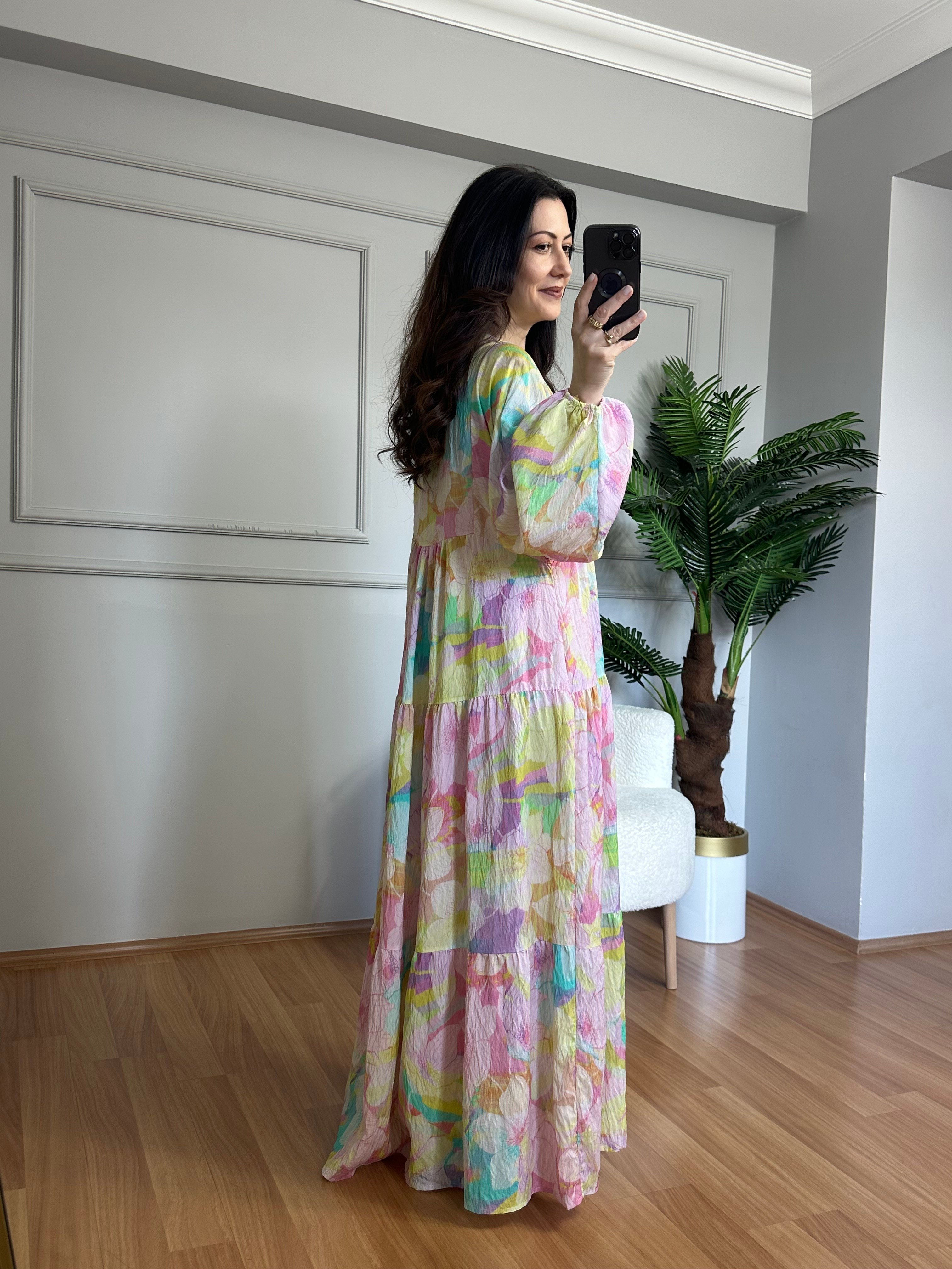 Flora Natural Renkli Viskon Maxi Boy Elbise