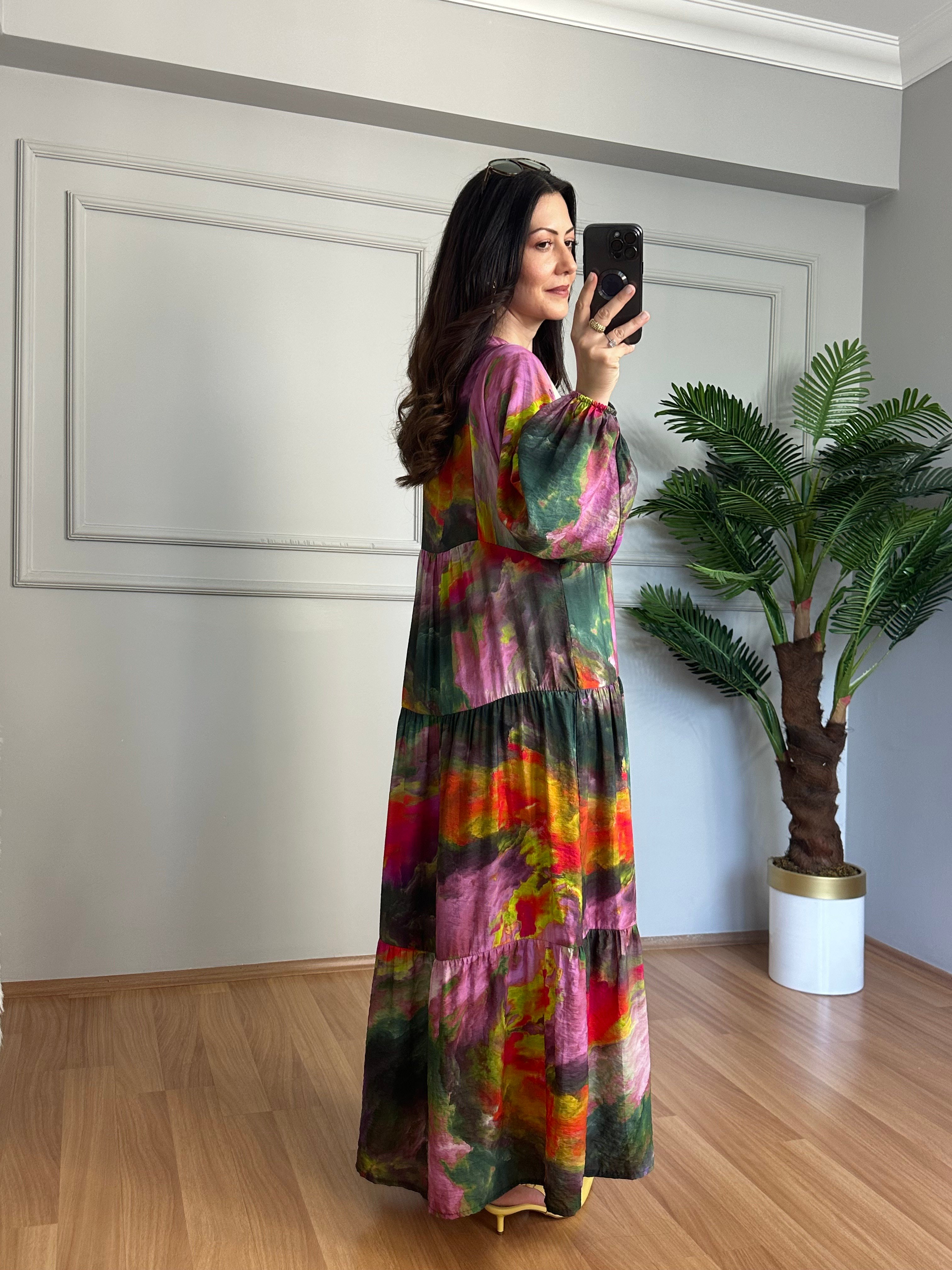 Flora Pembe Botanik Desen Viskon Maxi Boy Elbise 