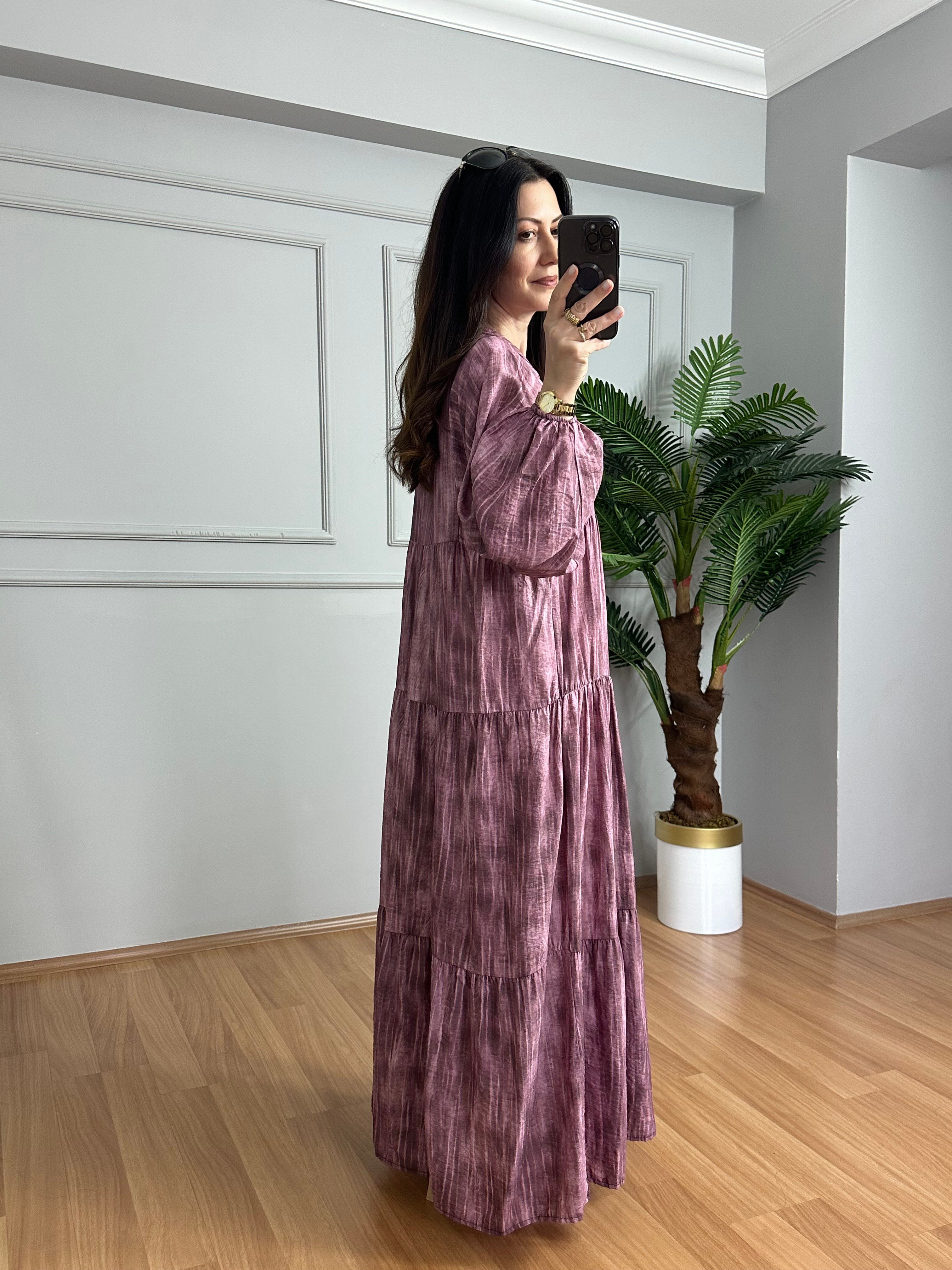 Flora Pembe Renkli Viskon Maxi Boy Elbise