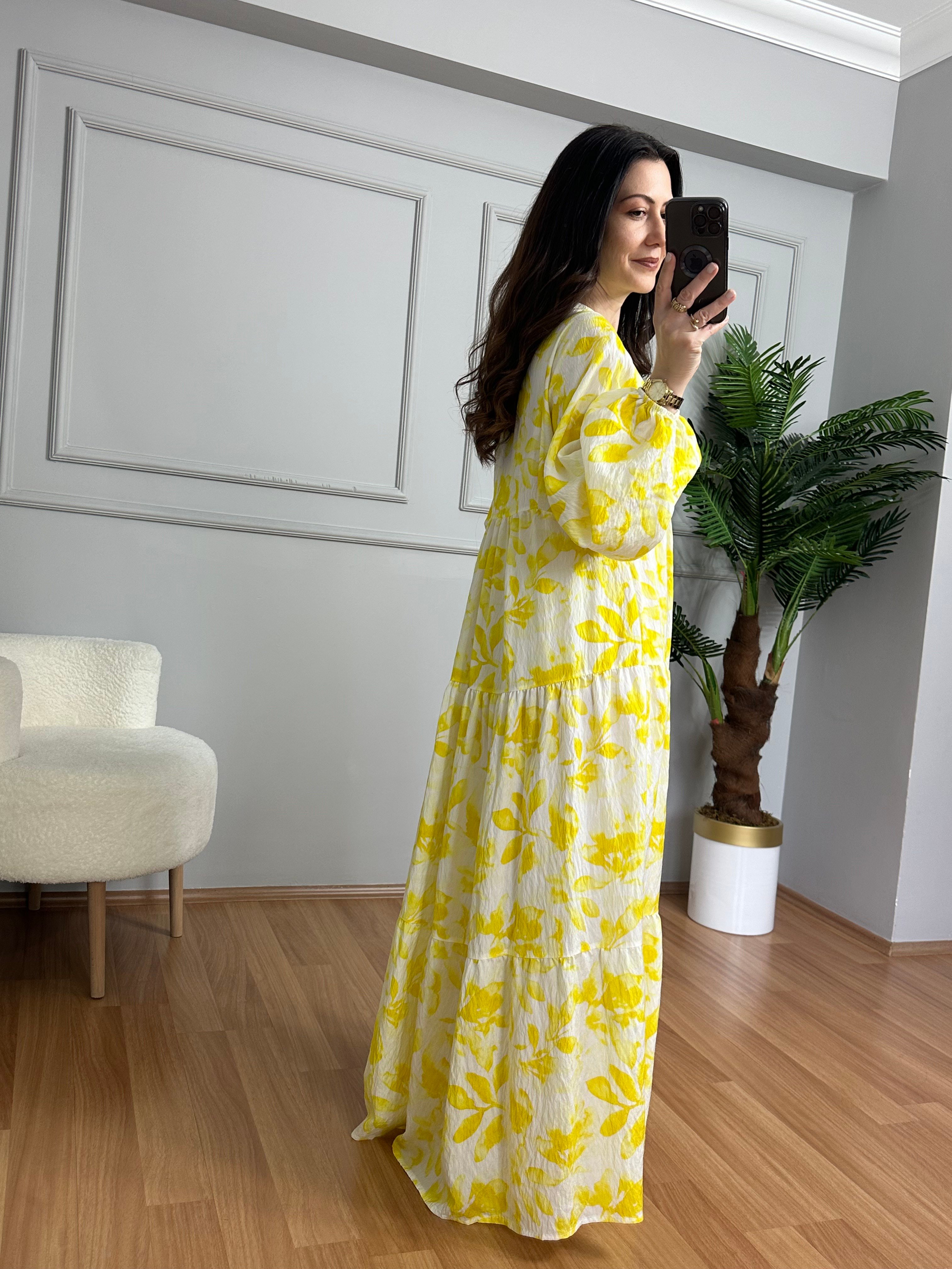 Flora Sarı Beyaz Çiçekli Viskon Maxi Boy Elbise