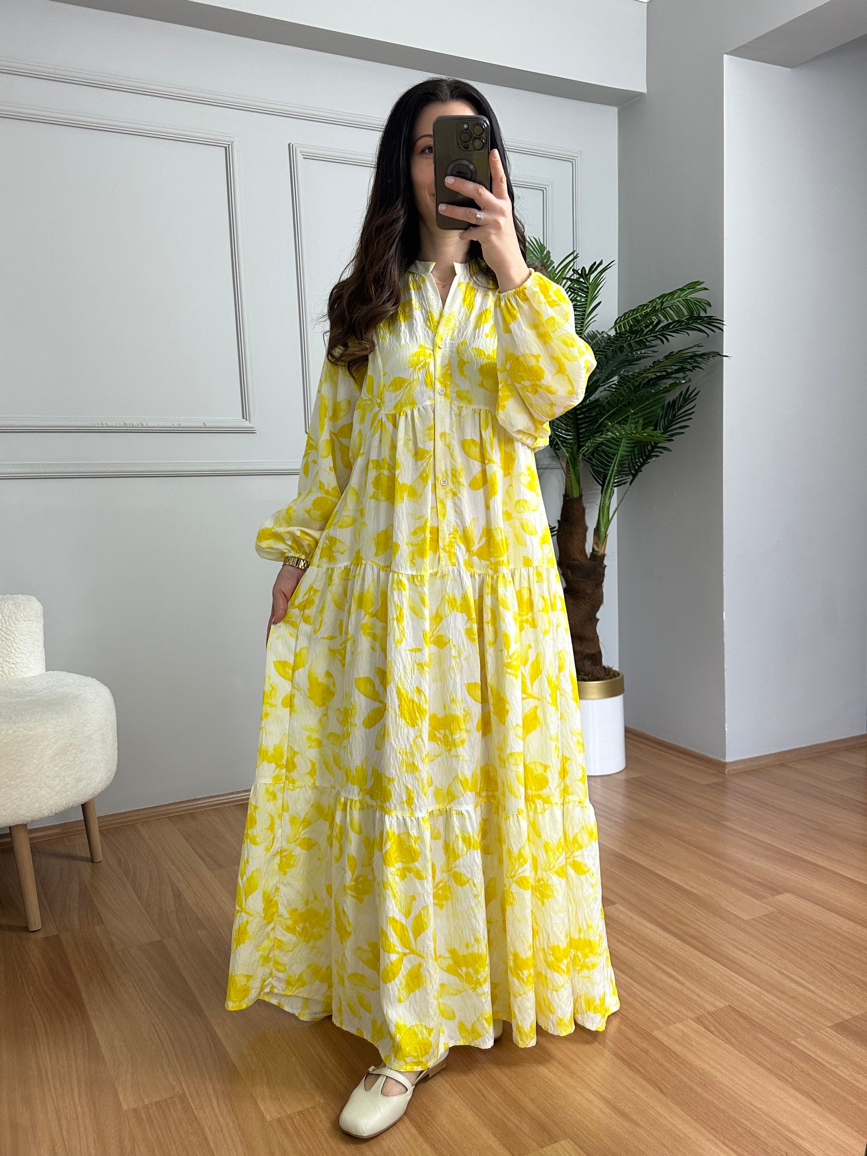 Flora Sarı Beyaz Çiçekli Viskon Maxi Boy Elbise