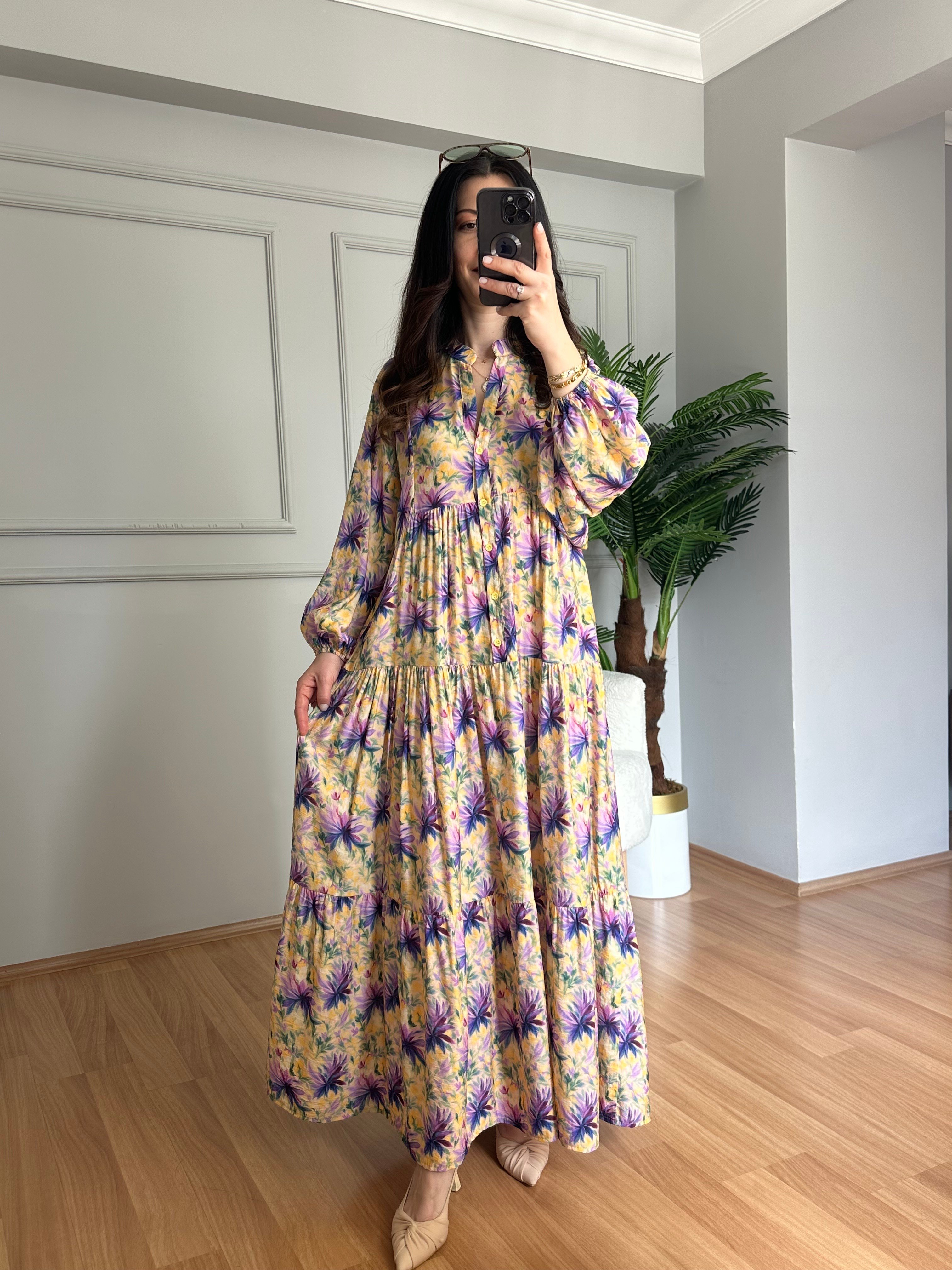Flora Sarı Mor Çiçekli Viskon Maxi Boy Elbise