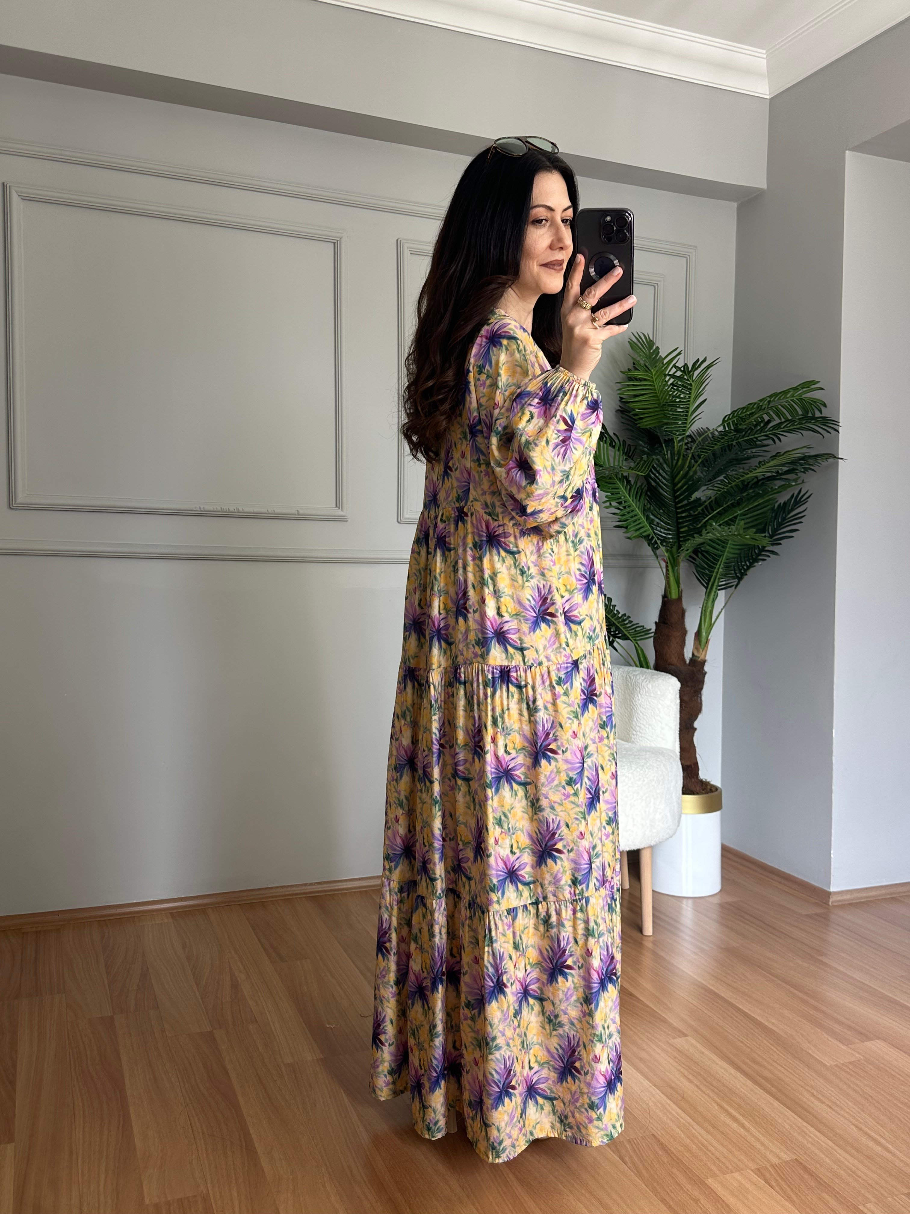 Flora Sarı Mor Çiçekli Viskon Maxi Boy Elbise
