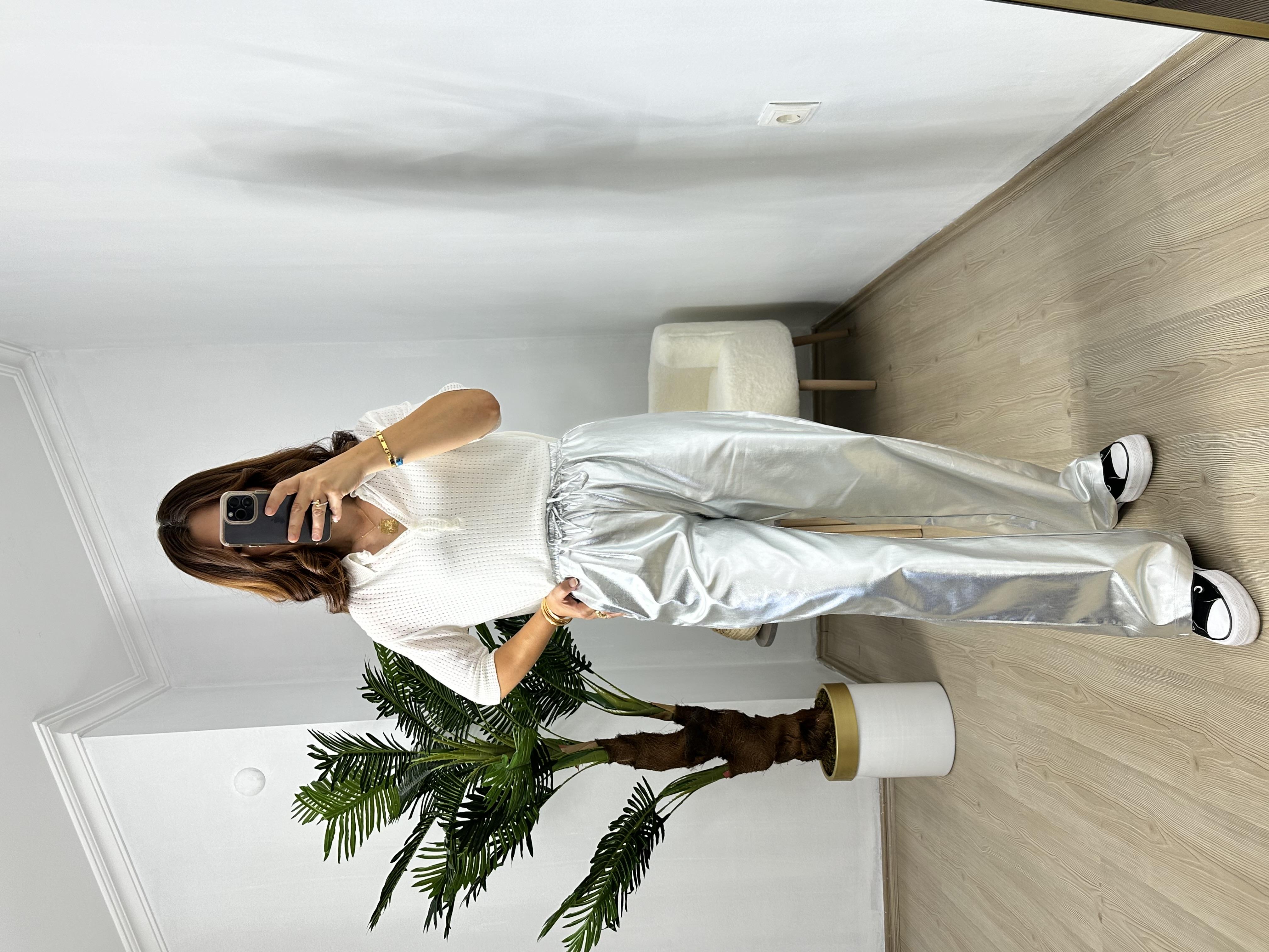 Gri Varaklı Bol Pantolon