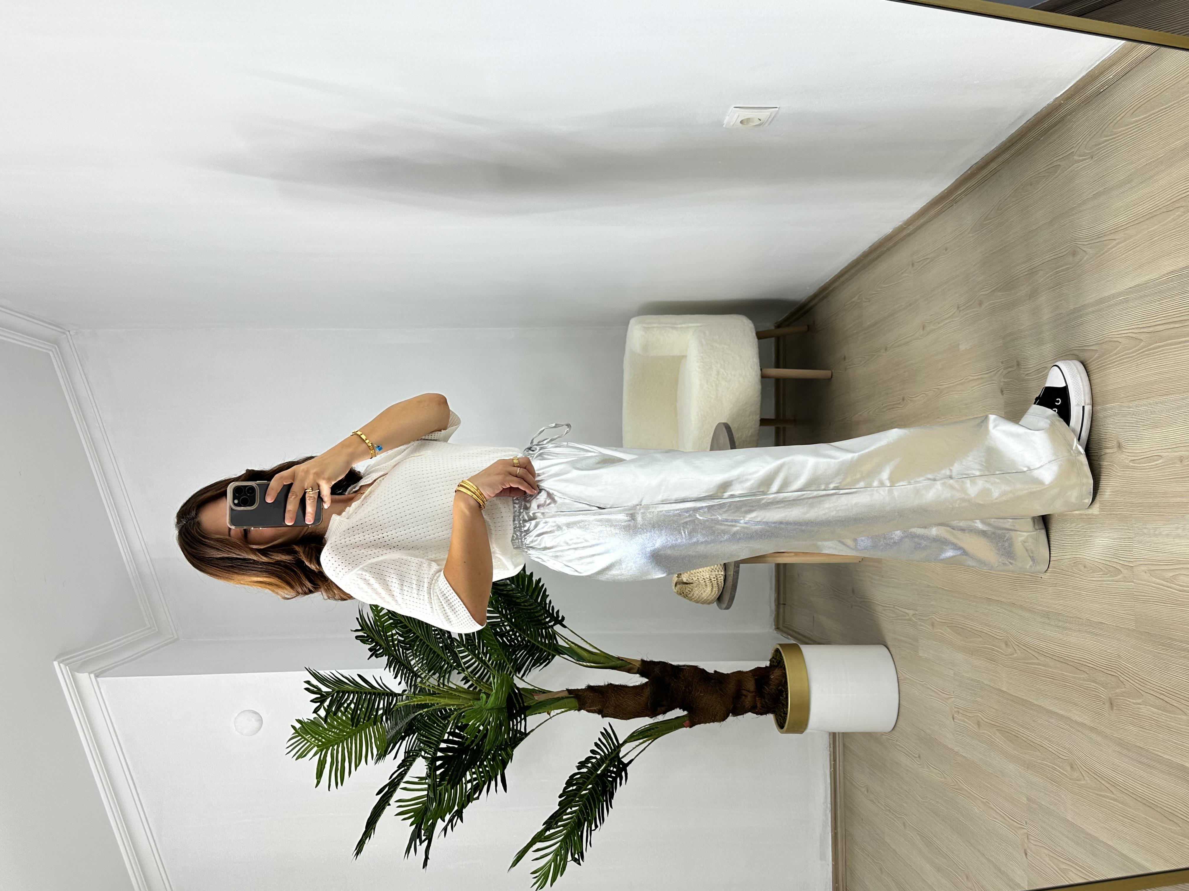 Gri Varaklı Bol Pantolon