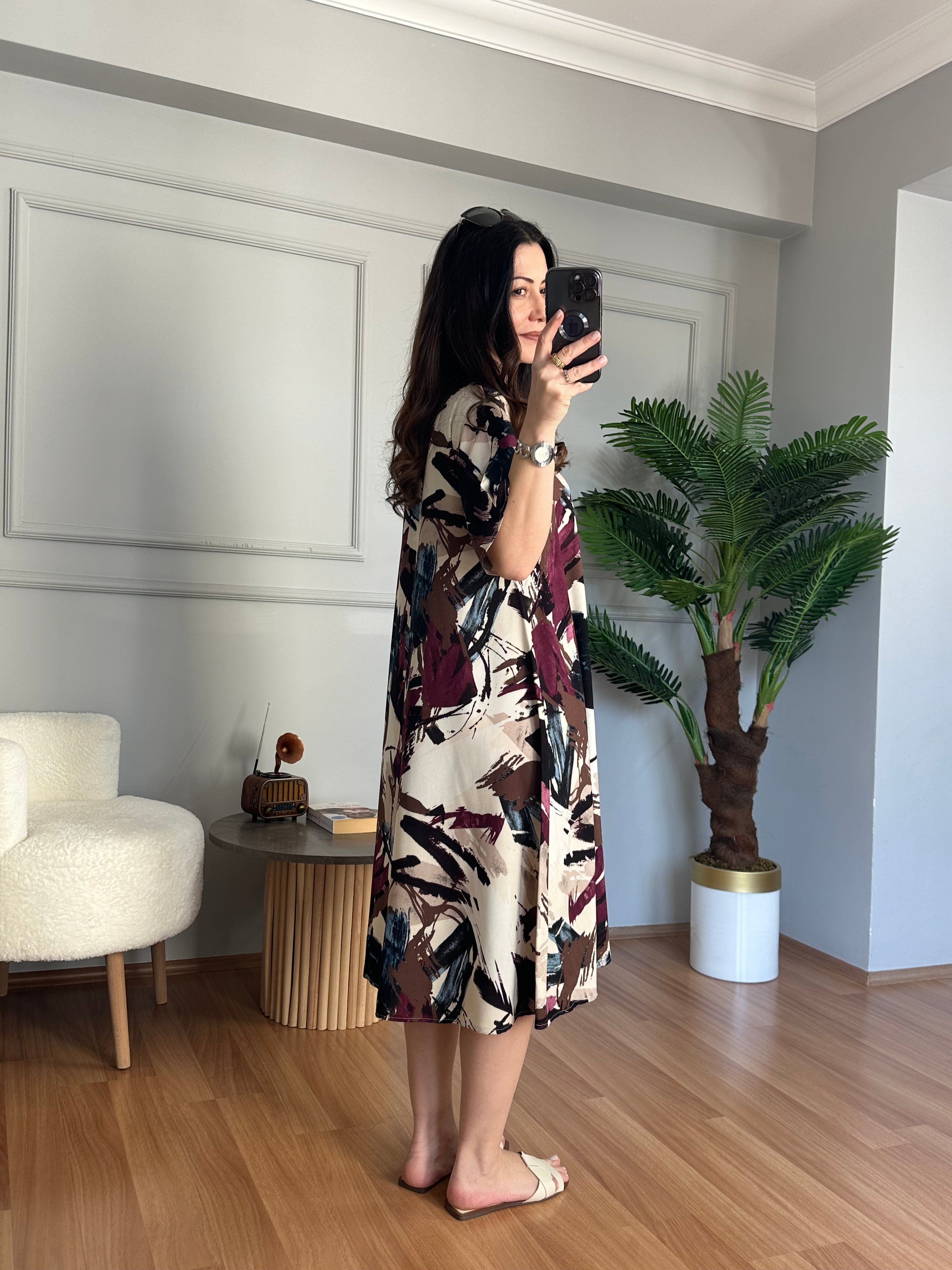 Helin Bordo Geometrik Desen Pamuk Viskon Midi Boy Elbise