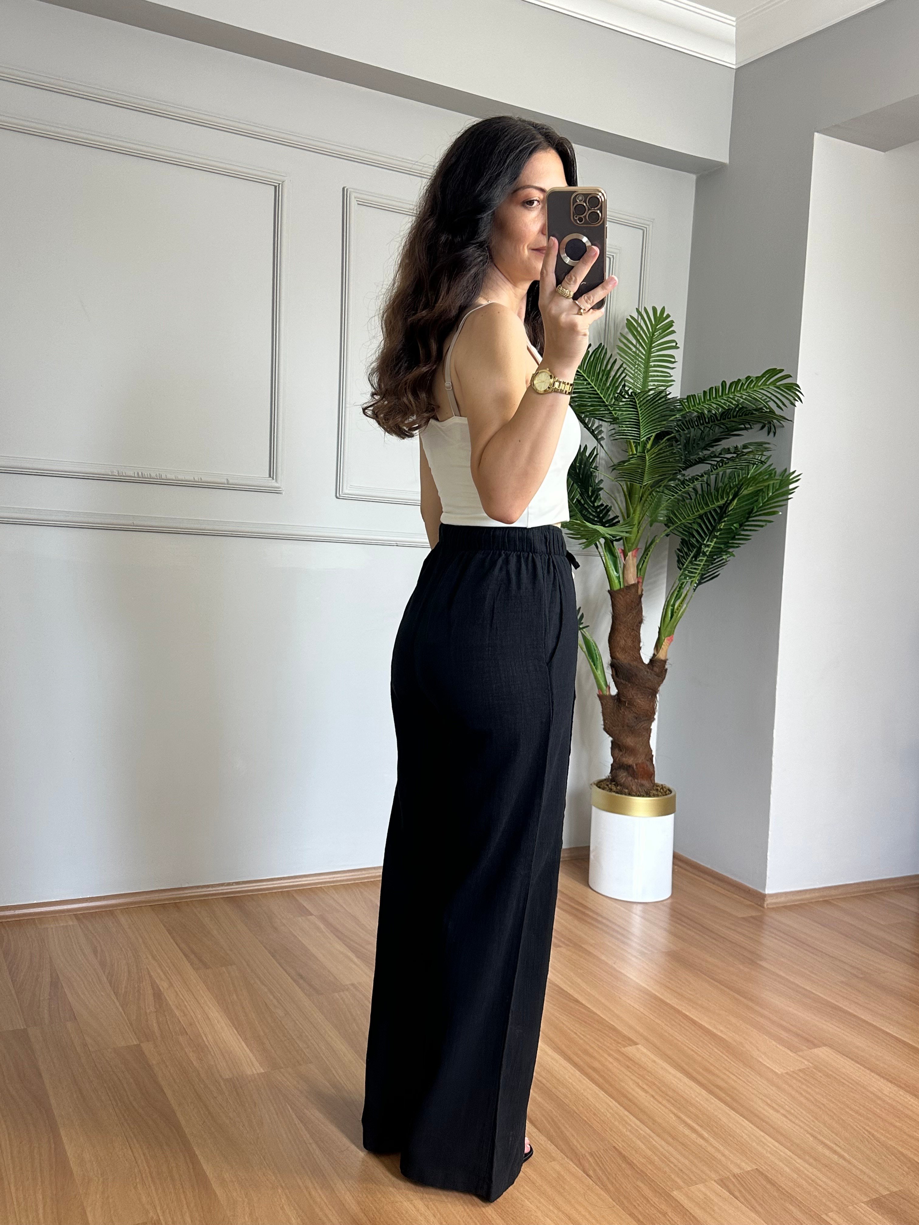 June Siyah Pamuk Keten Düğme Detaylı Pantolon 