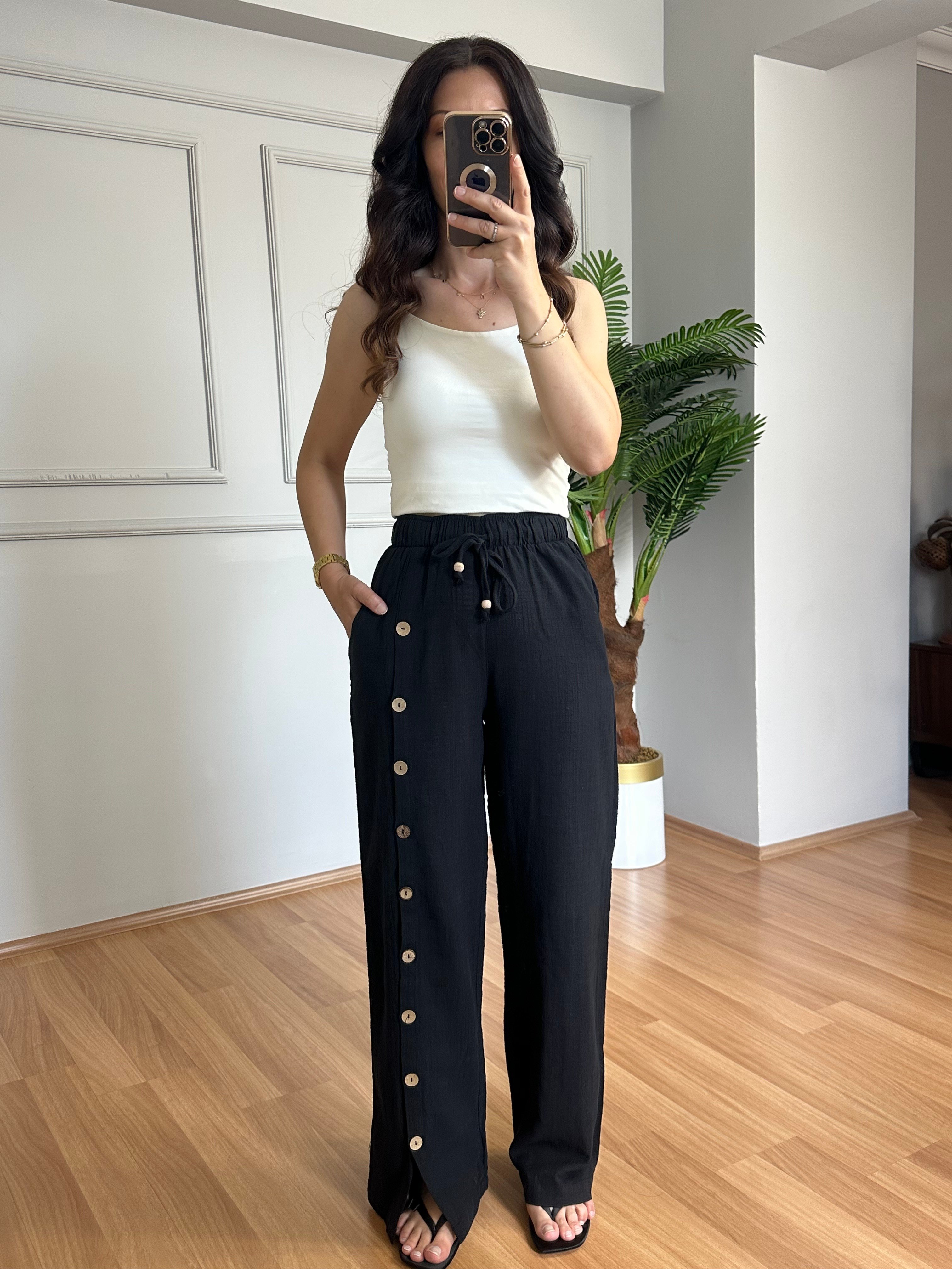 June Siyah Pamuk Keten Düğme Detaylı Pantolon 
