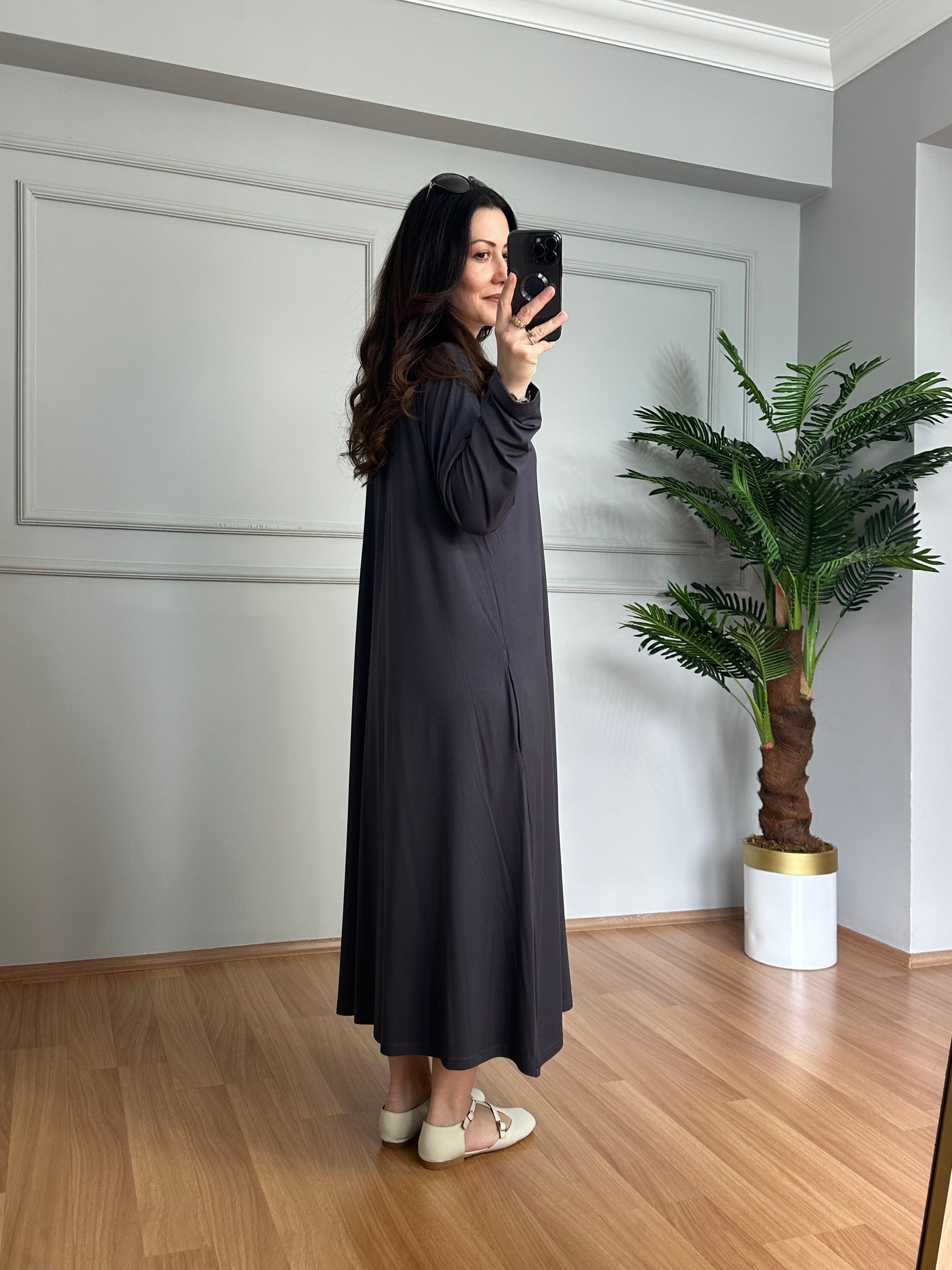Karina Antrasit Fermuarlı Cepli Basic Elbise
