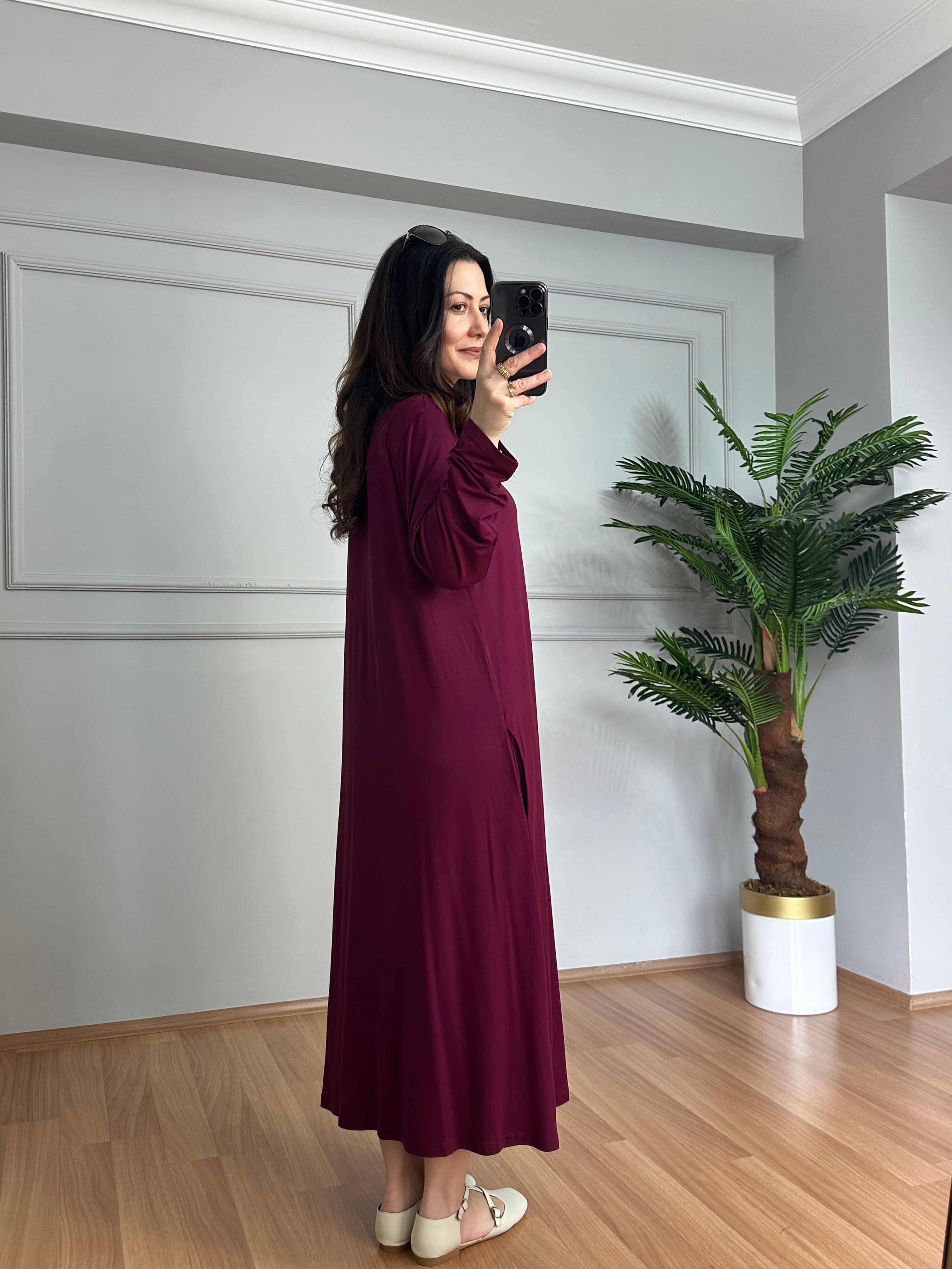 Karina Bordo Fermuarlı Cepli Basic Elbise