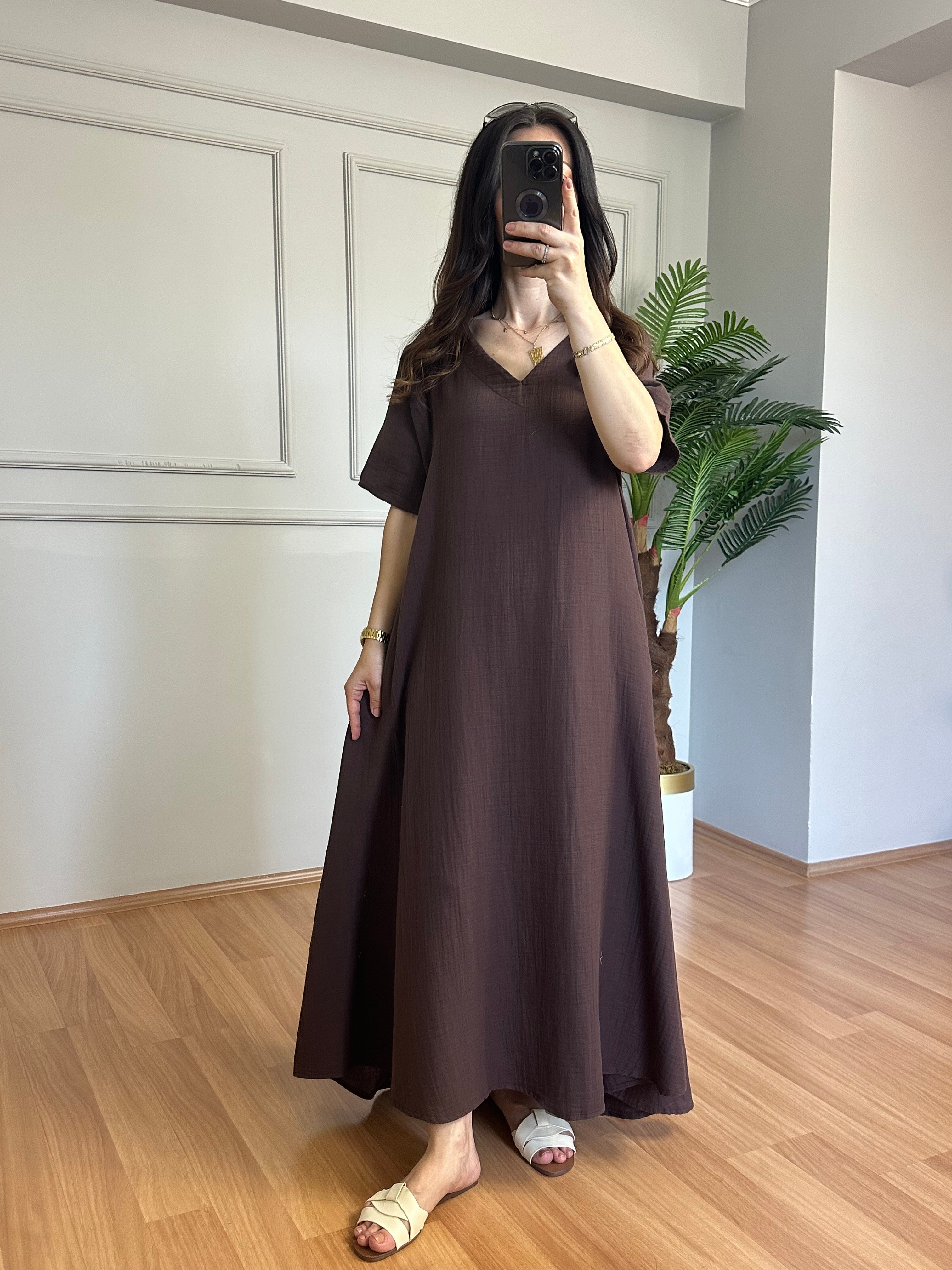 Khalesi  Kahve Müslin Kumaş Elbise