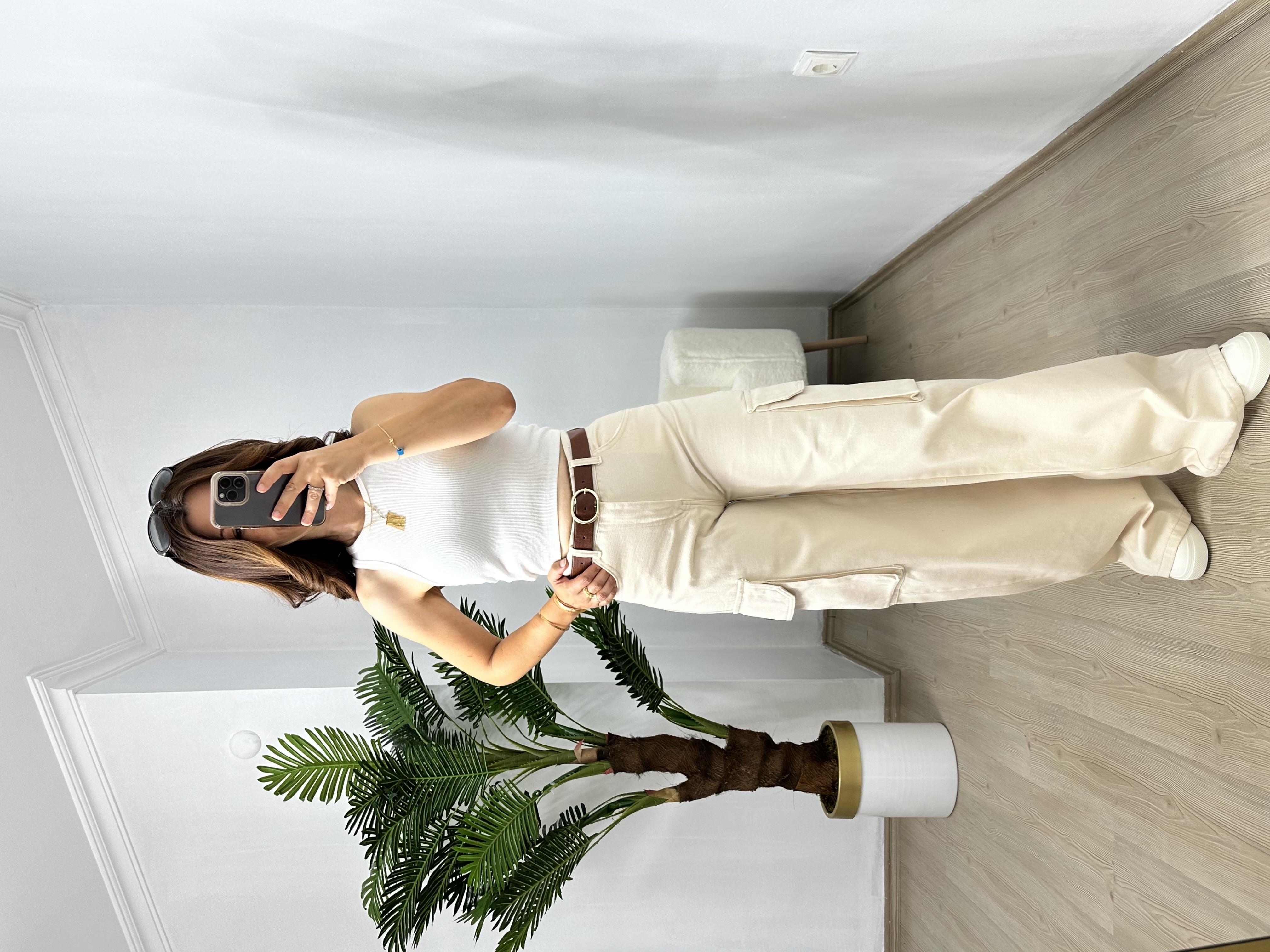 Krem Kargo Cep Denim Pantolon