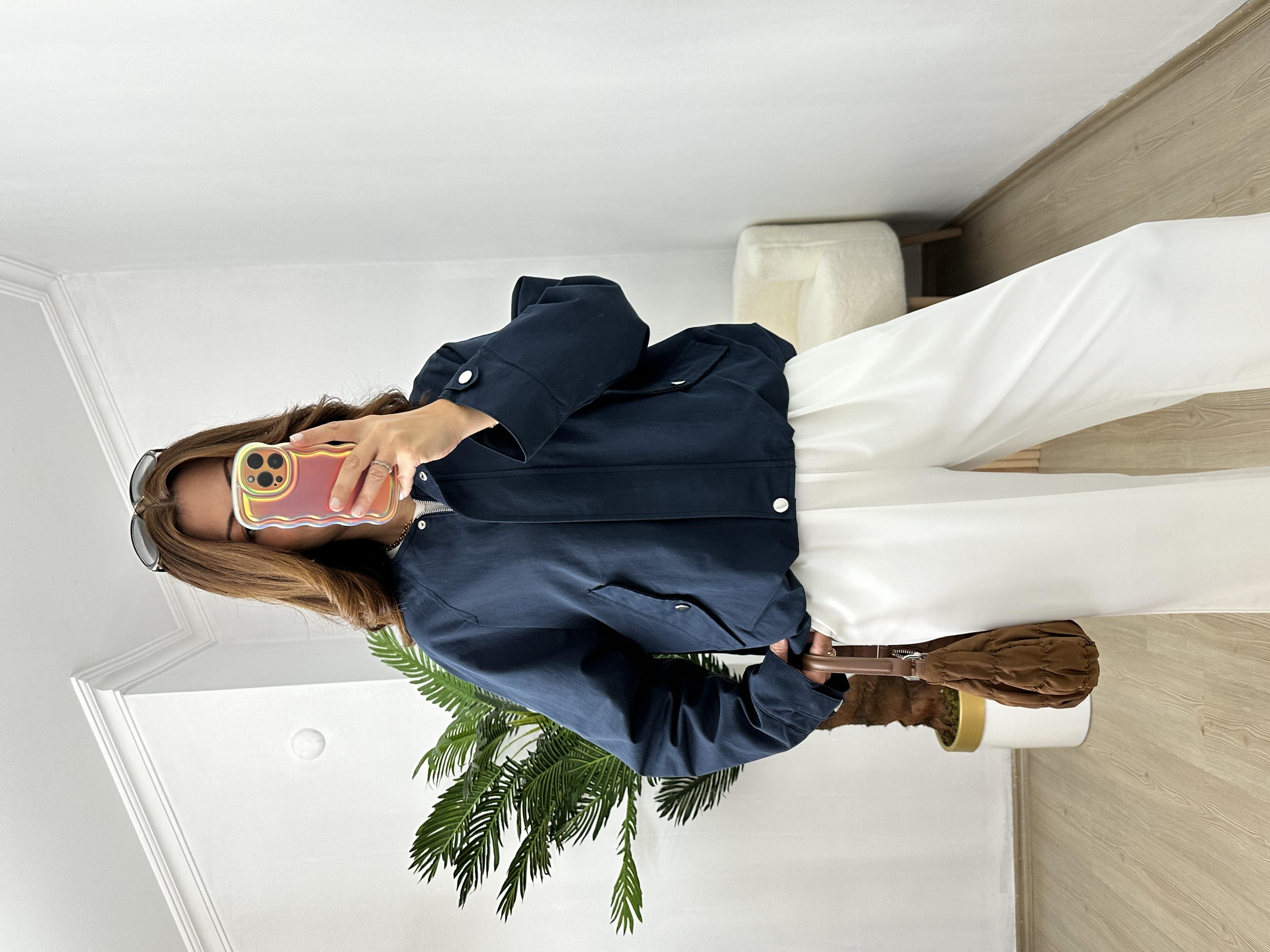 Lacivert Tencel Gabardin Kumaş Balon Trençkot