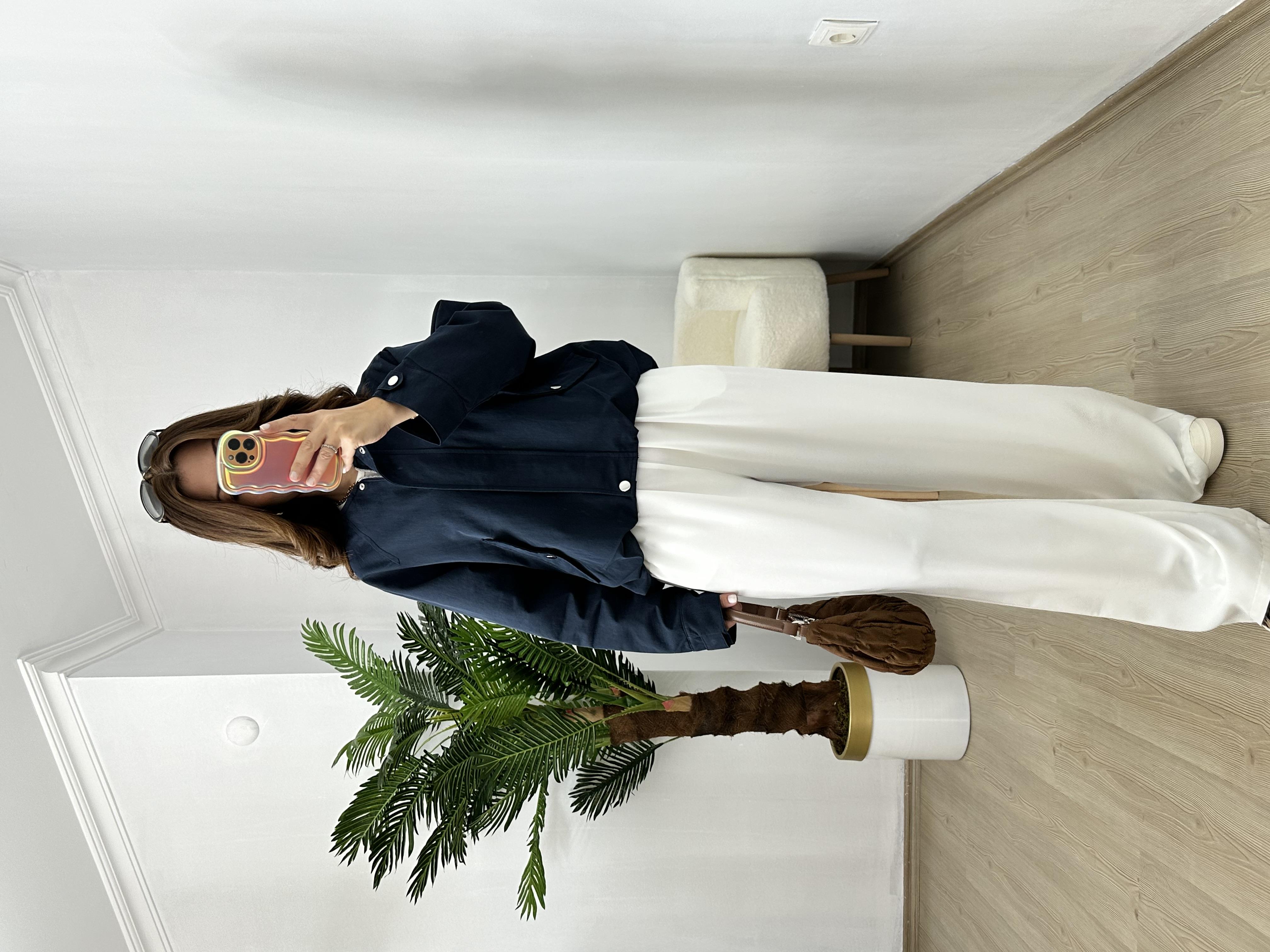 Lacivert Tencel Gabardin Kumaş Balon Trençkot