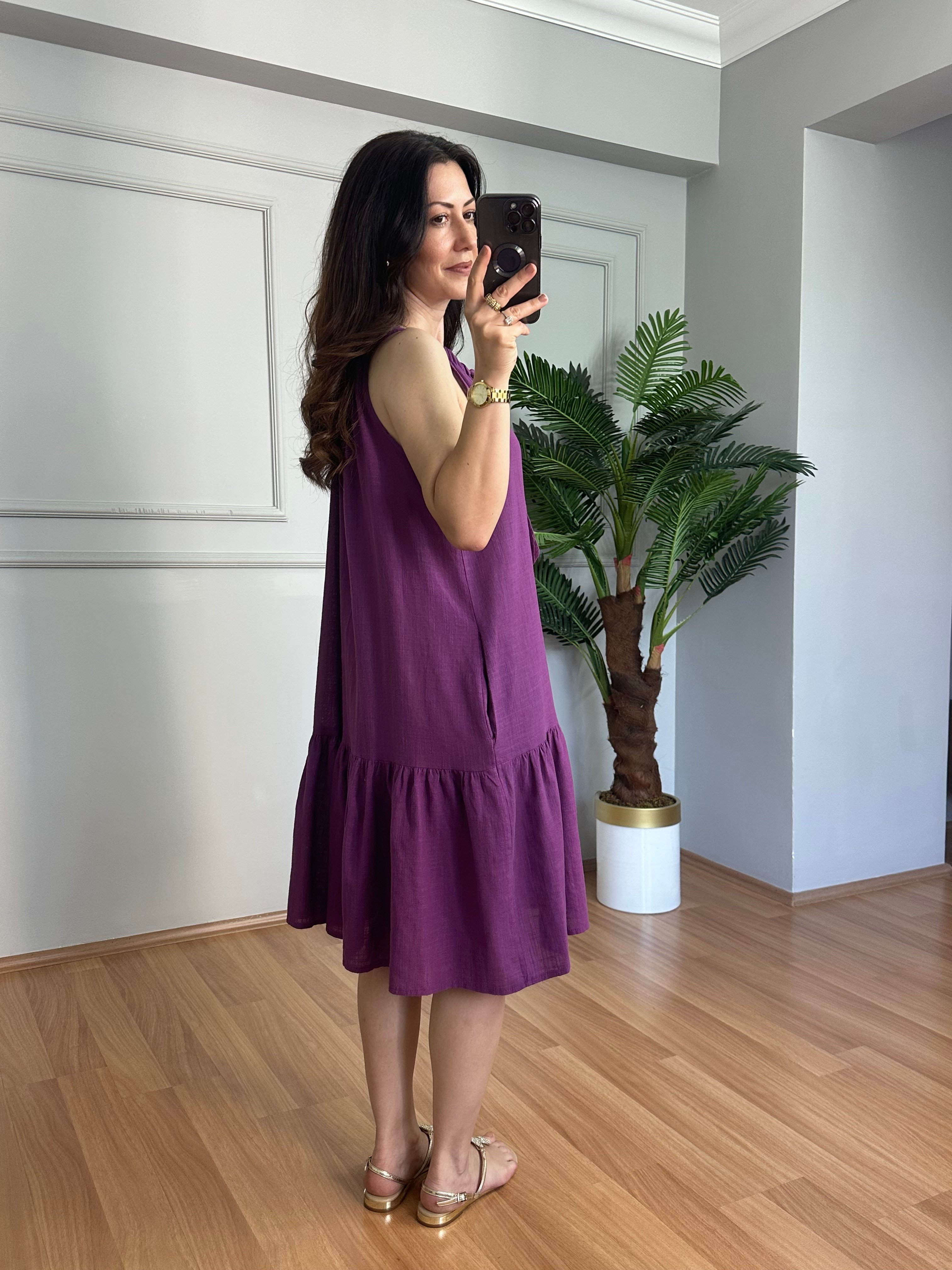 Lale Mor Pamuk Keten Reklam Kol Elbise