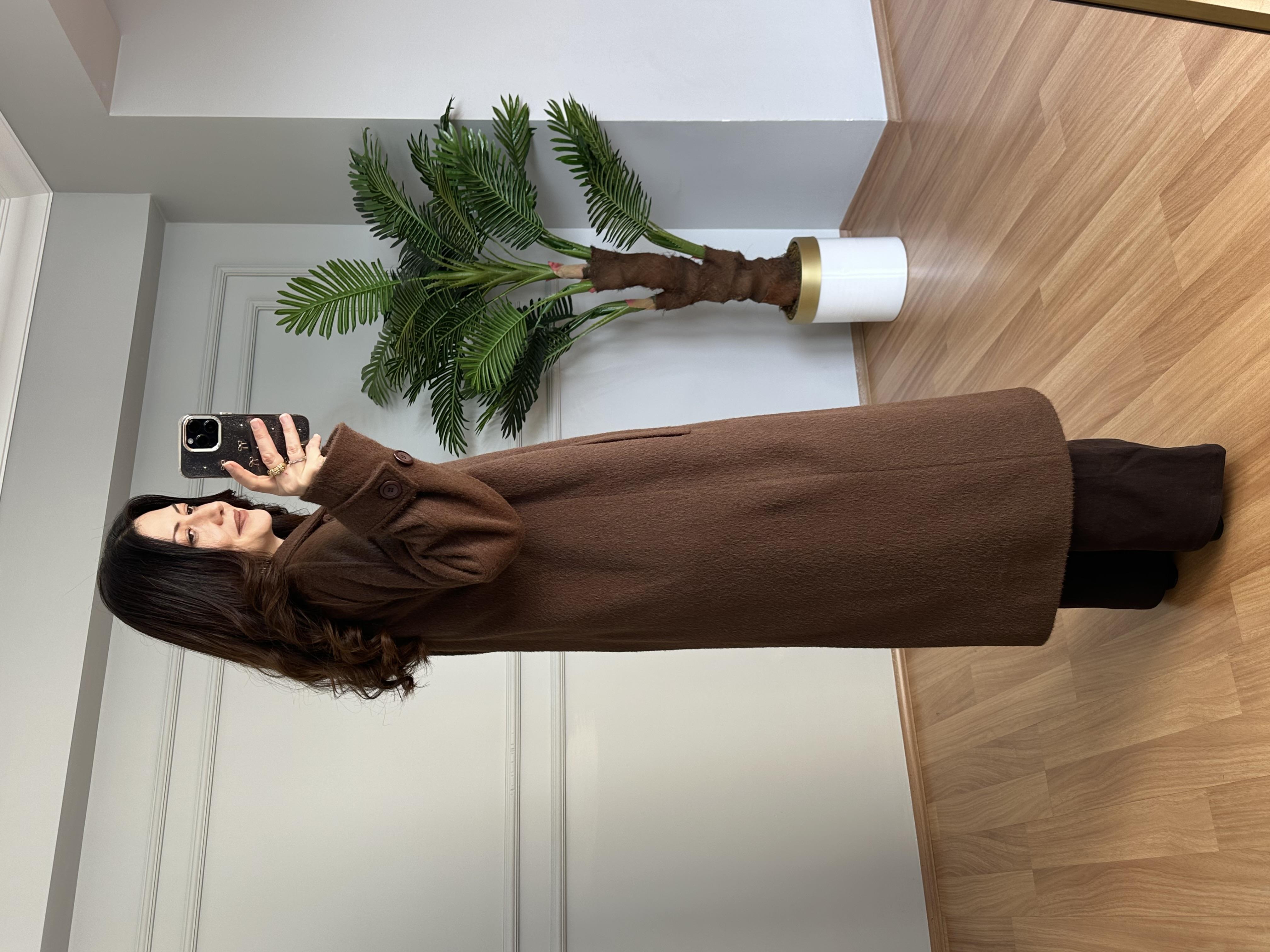 Liva Acı Kahve Premium Broş Detaylı Gizli Çıtçıtlı Kaşe Kaban