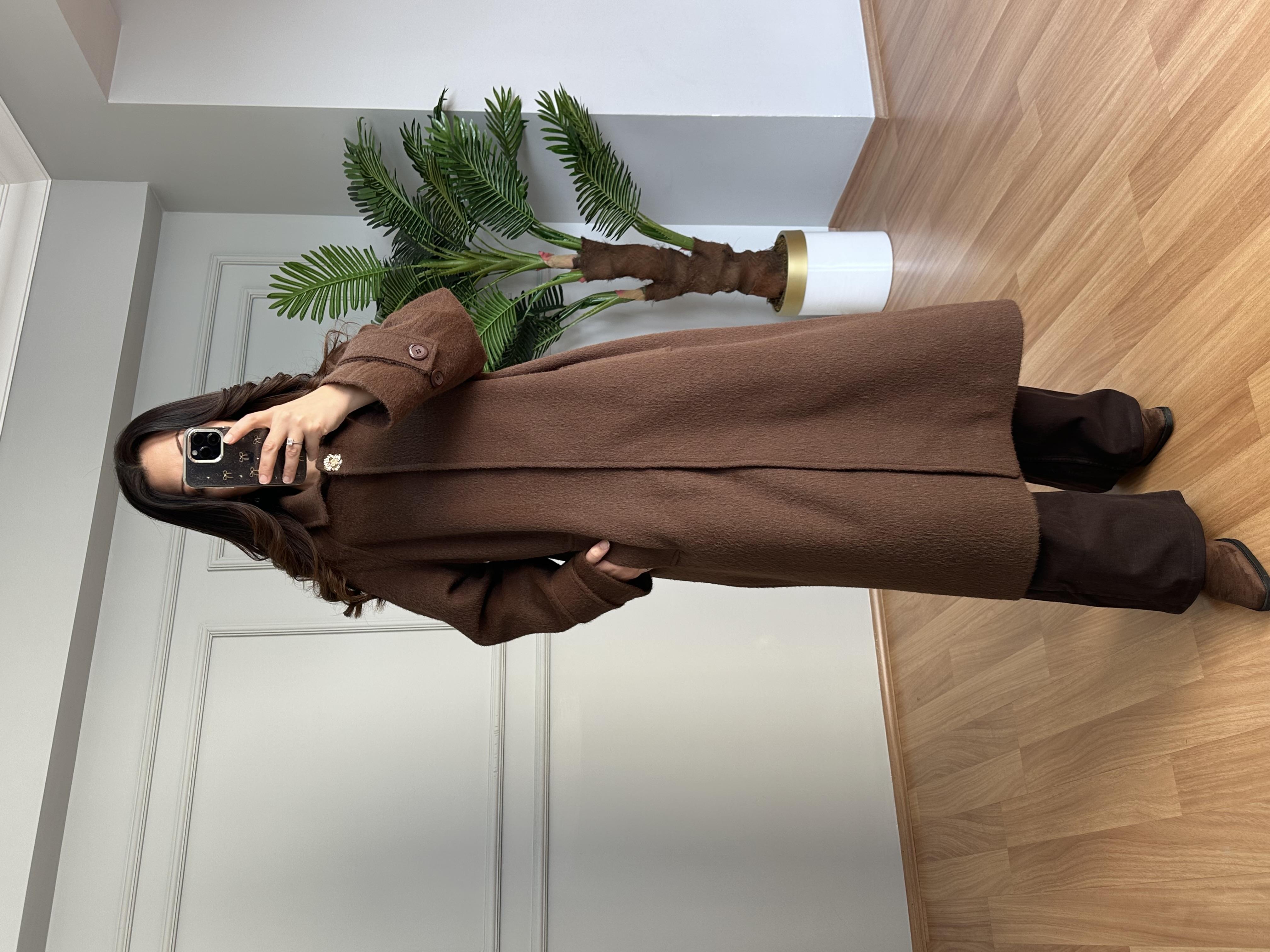 Liva Acı Kahve Premium Broş Detaylı Gizli Çıtçıtlı Kaşe Kaban