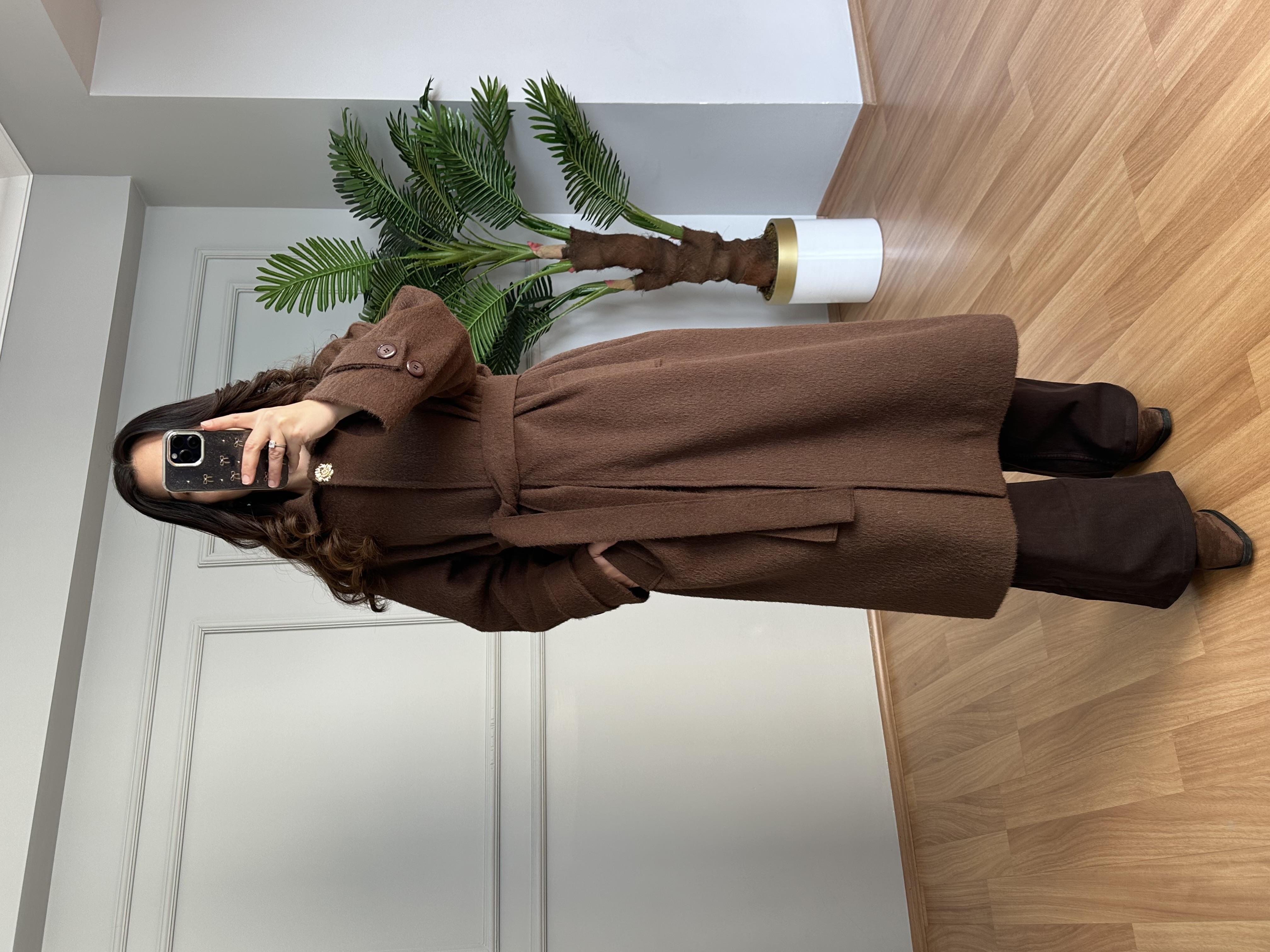 Liva Acı Kahve Premium Broş Detaylı Gizli Çıtçıtlı Kaşe Kaban