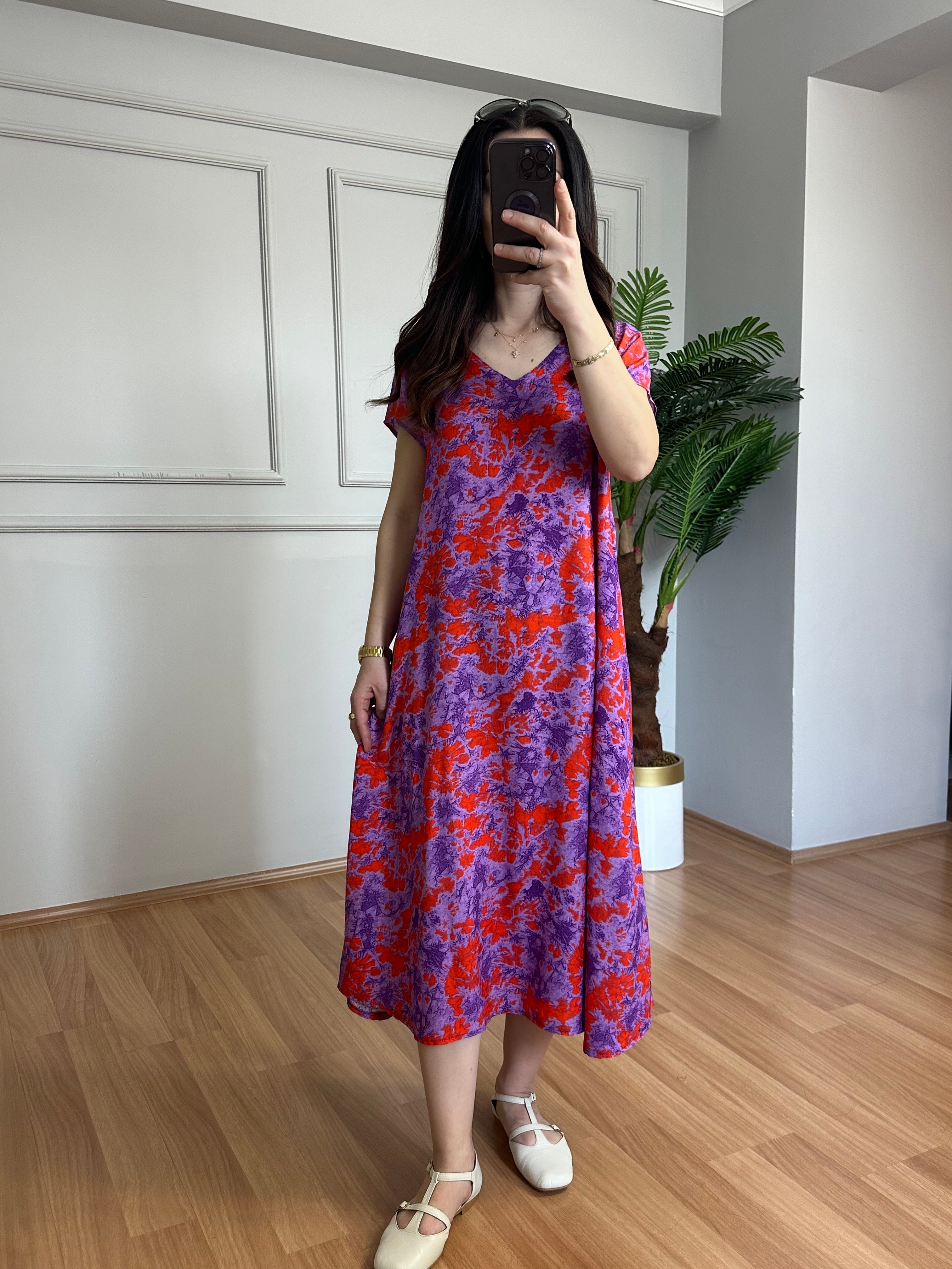 Loren Turuncu Dokuma Viskon V Yaka Elbise