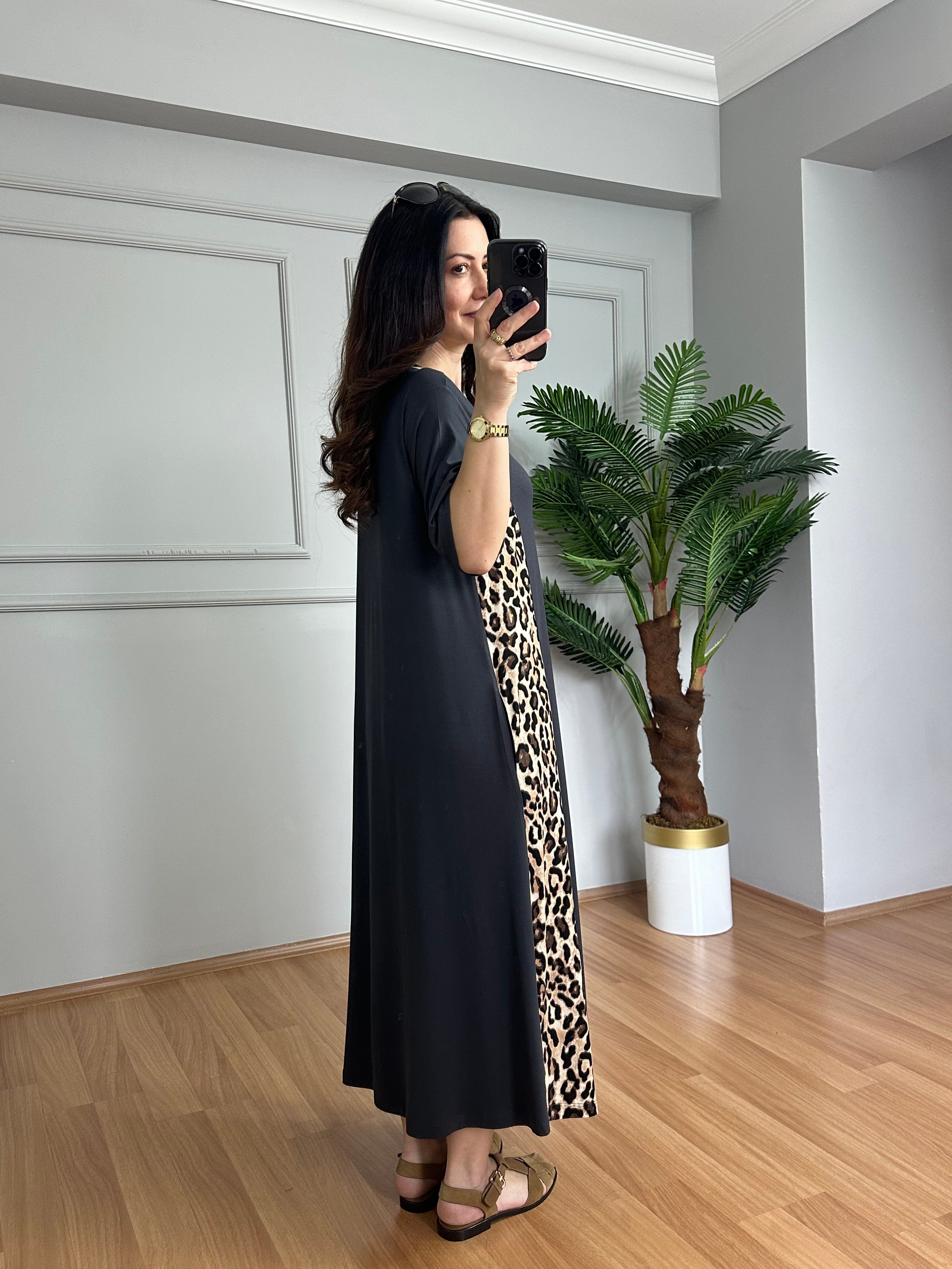 Luisa Antrasit Leopar detaylı Penye Modal Elbise 