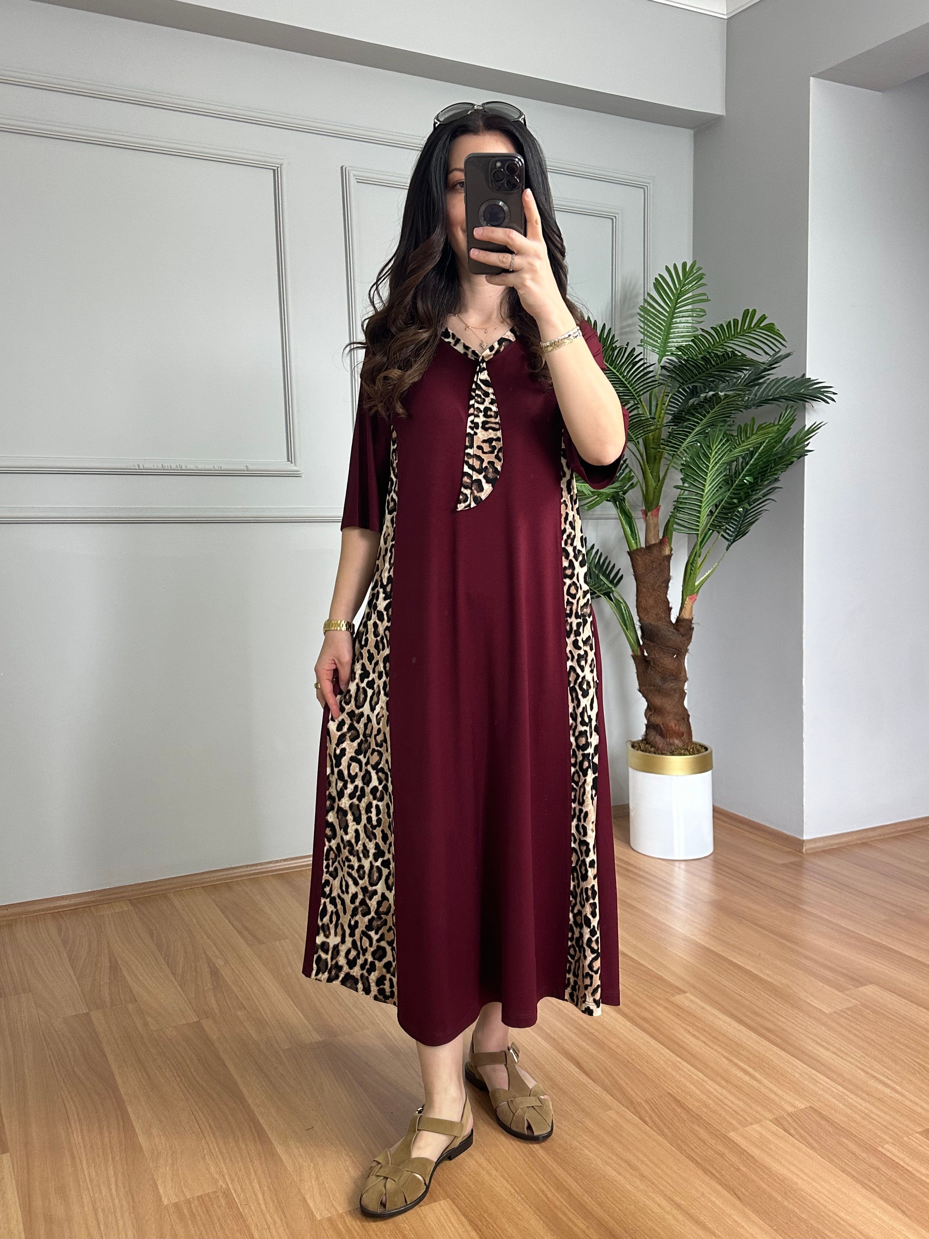 Luisa Bordo Leopar detaylı Penye Modal Elbise
