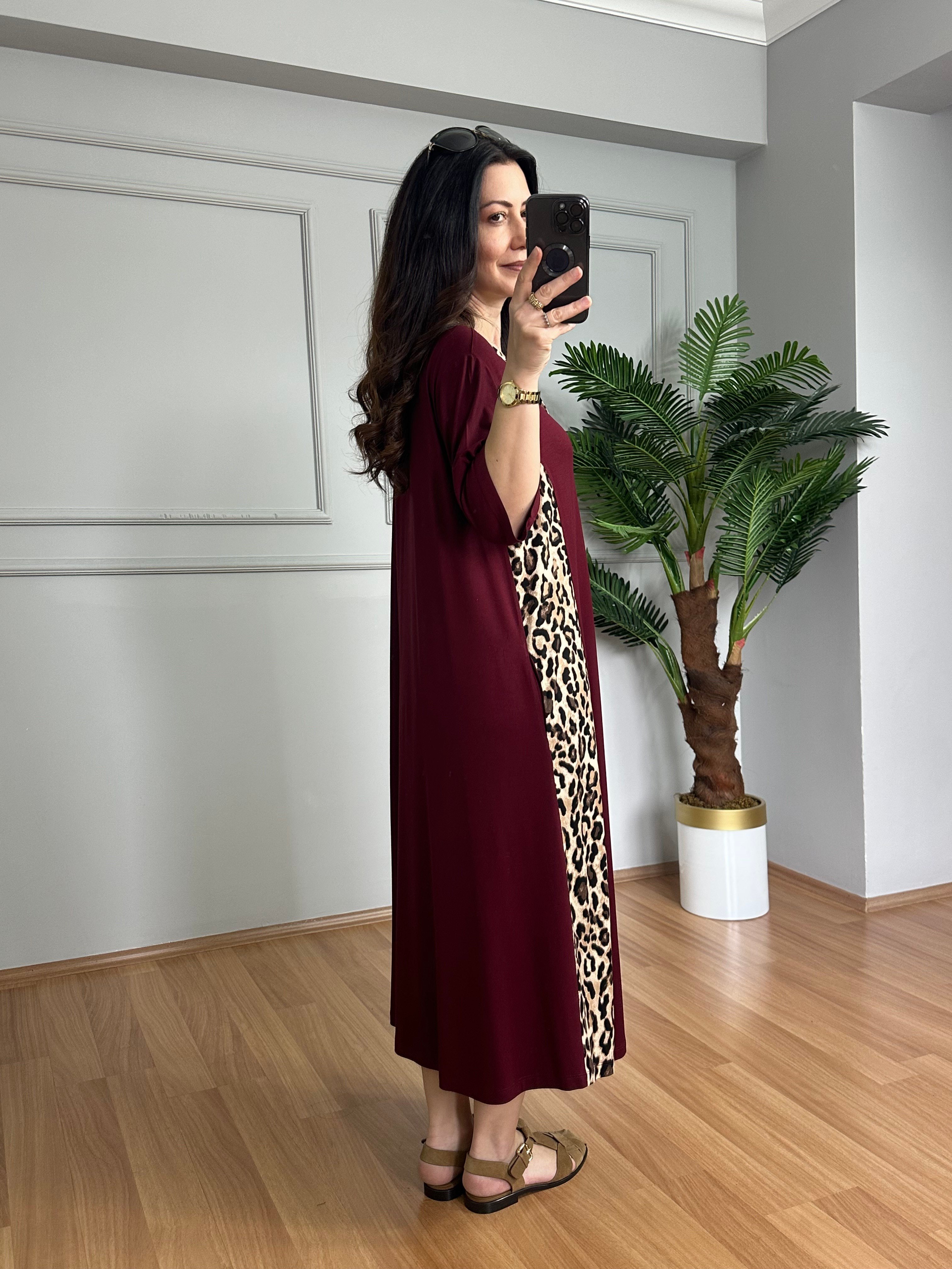 Luisa Bordo Leopar detaylı Penye Modal Elbise