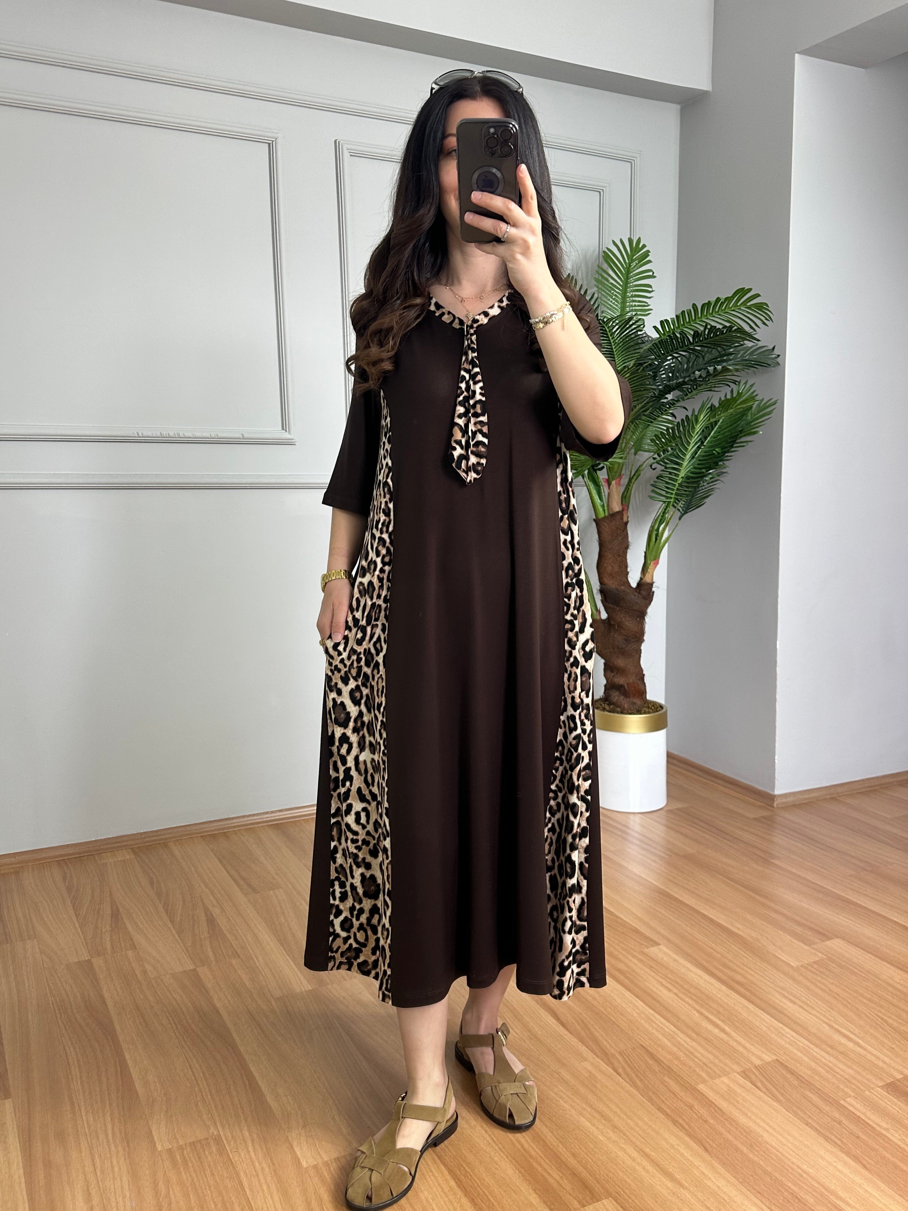 Luisa Kahve Leopar detaylı Penye Modal Elbise